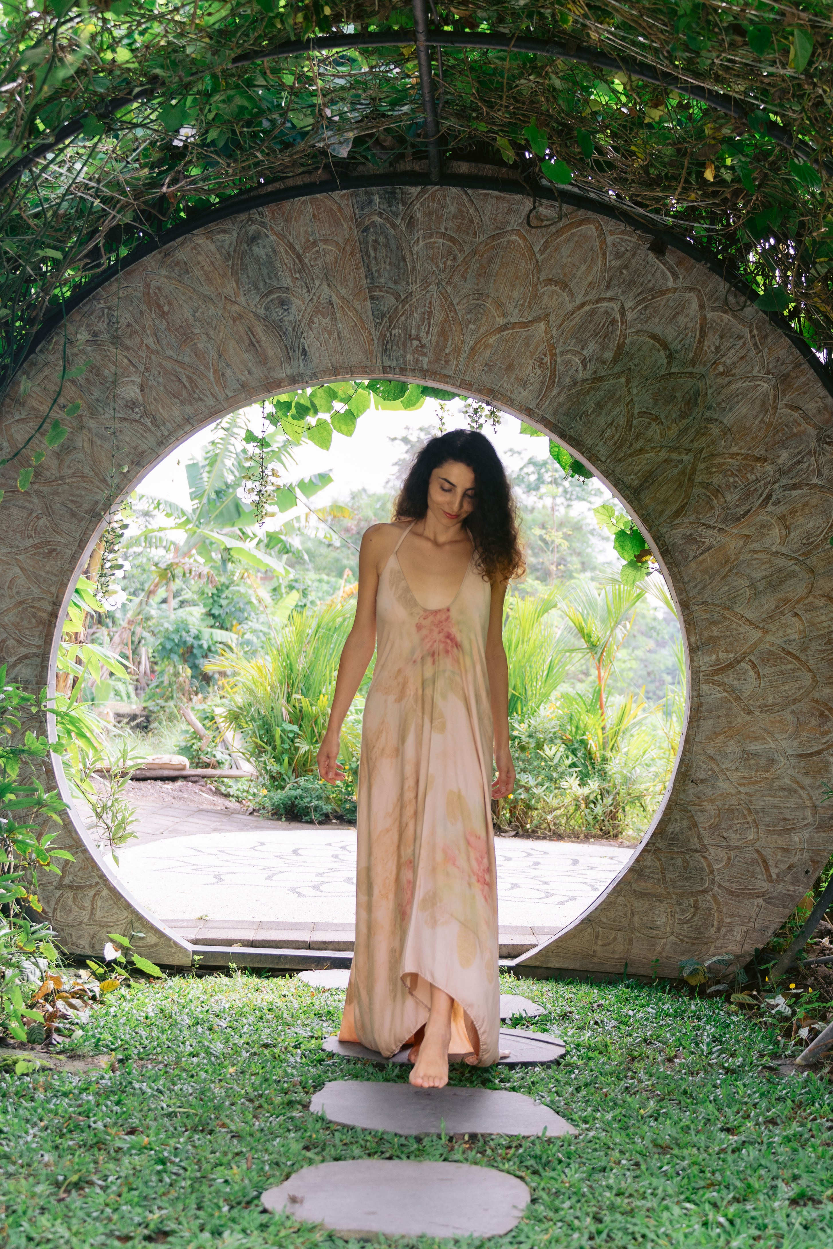 The Goddess – Dusty Pink, Red & Green  Eco Vero Friendly  Print Dress