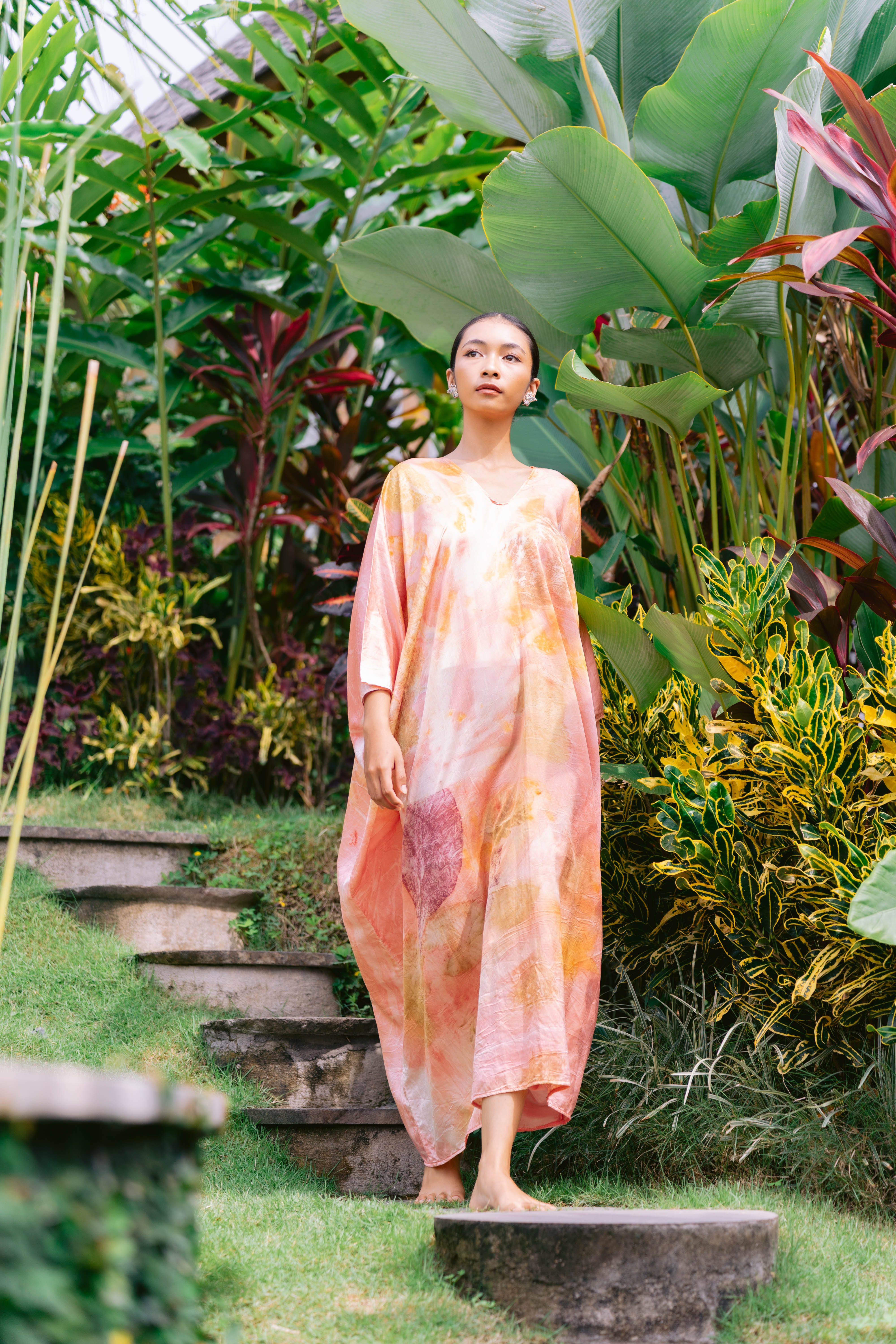 The Parvati – Pink yellow, Magenta and White Cotton Silk Eco Print Dress