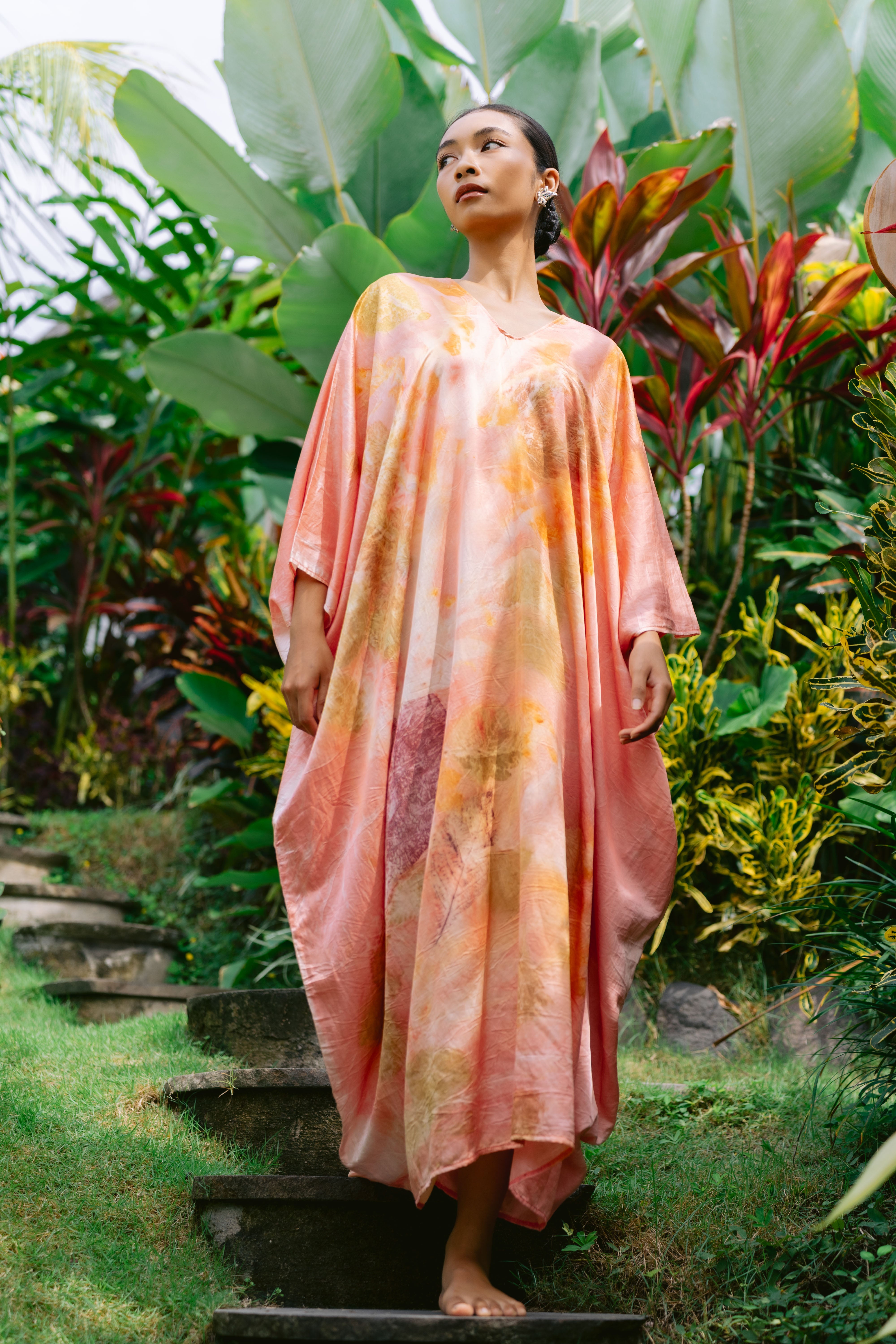 The Parvati – Pink yellow, Magenta and White Cotton Silk Eco Print Dress