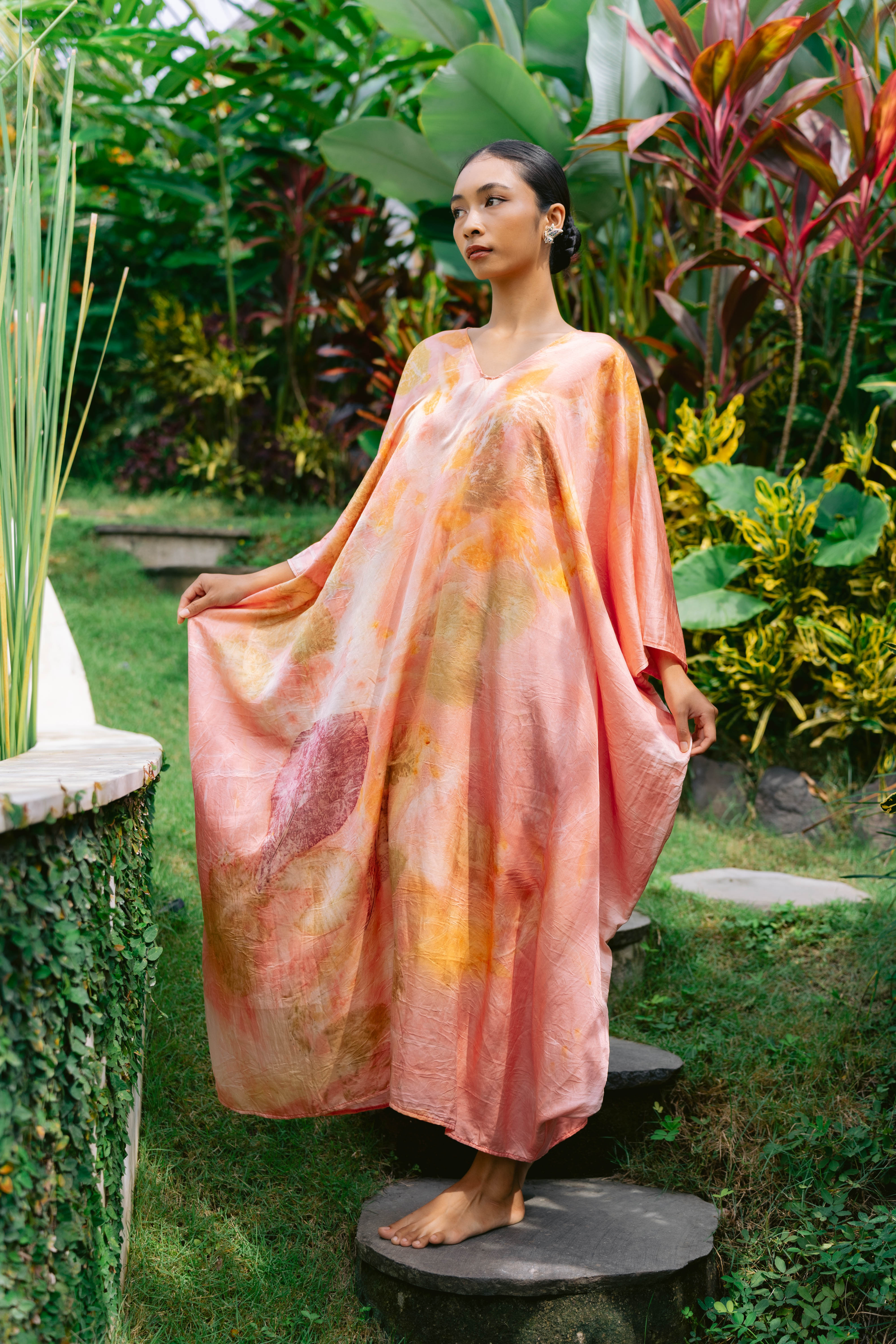 The Parvati – Pink yellow, Magenta and White Cotton Silk Eco Print Dress
