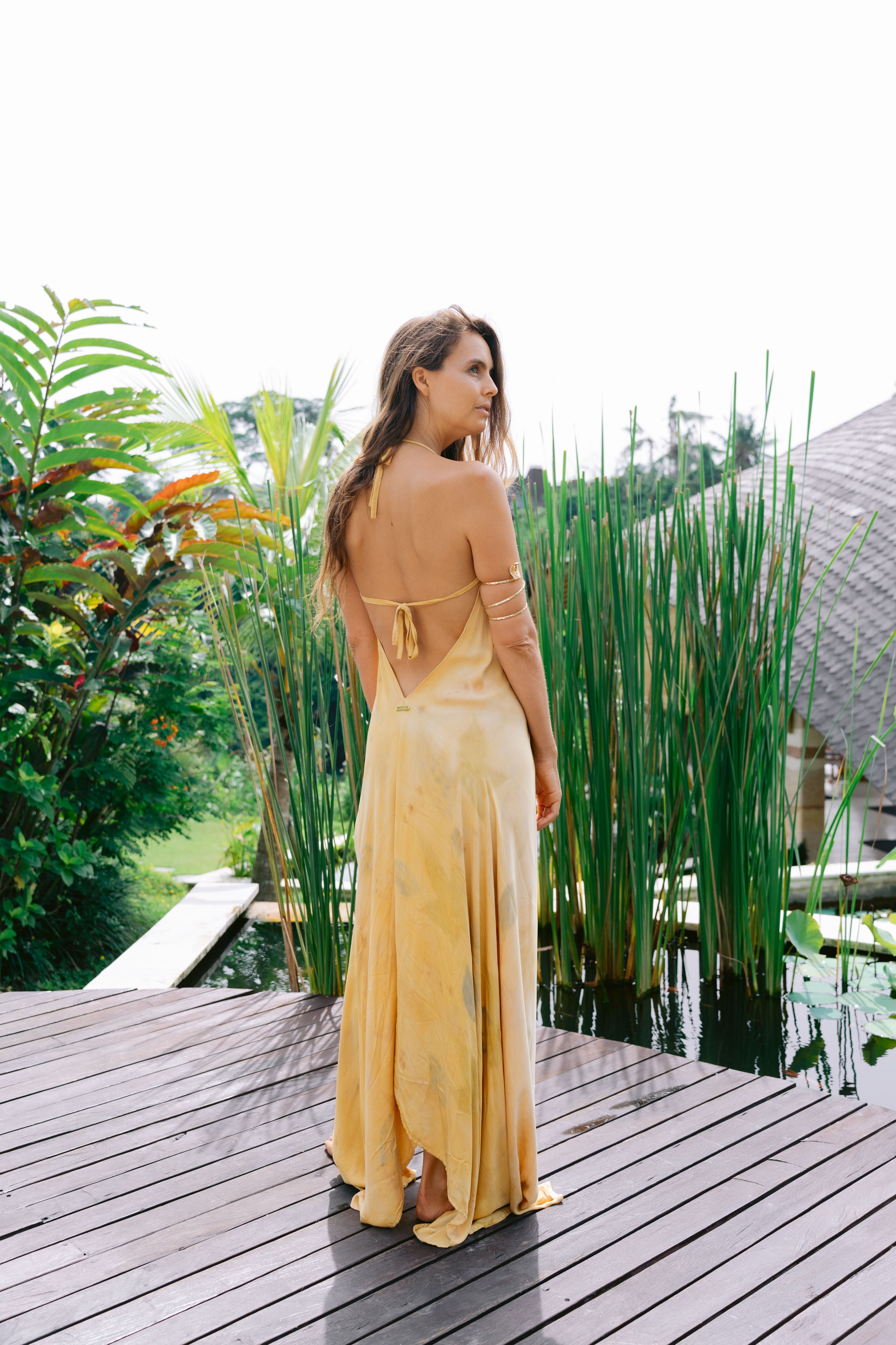 The Goddess – Yellow, White & Green Leaves  Eco Vero Friendly Eco Print Dress