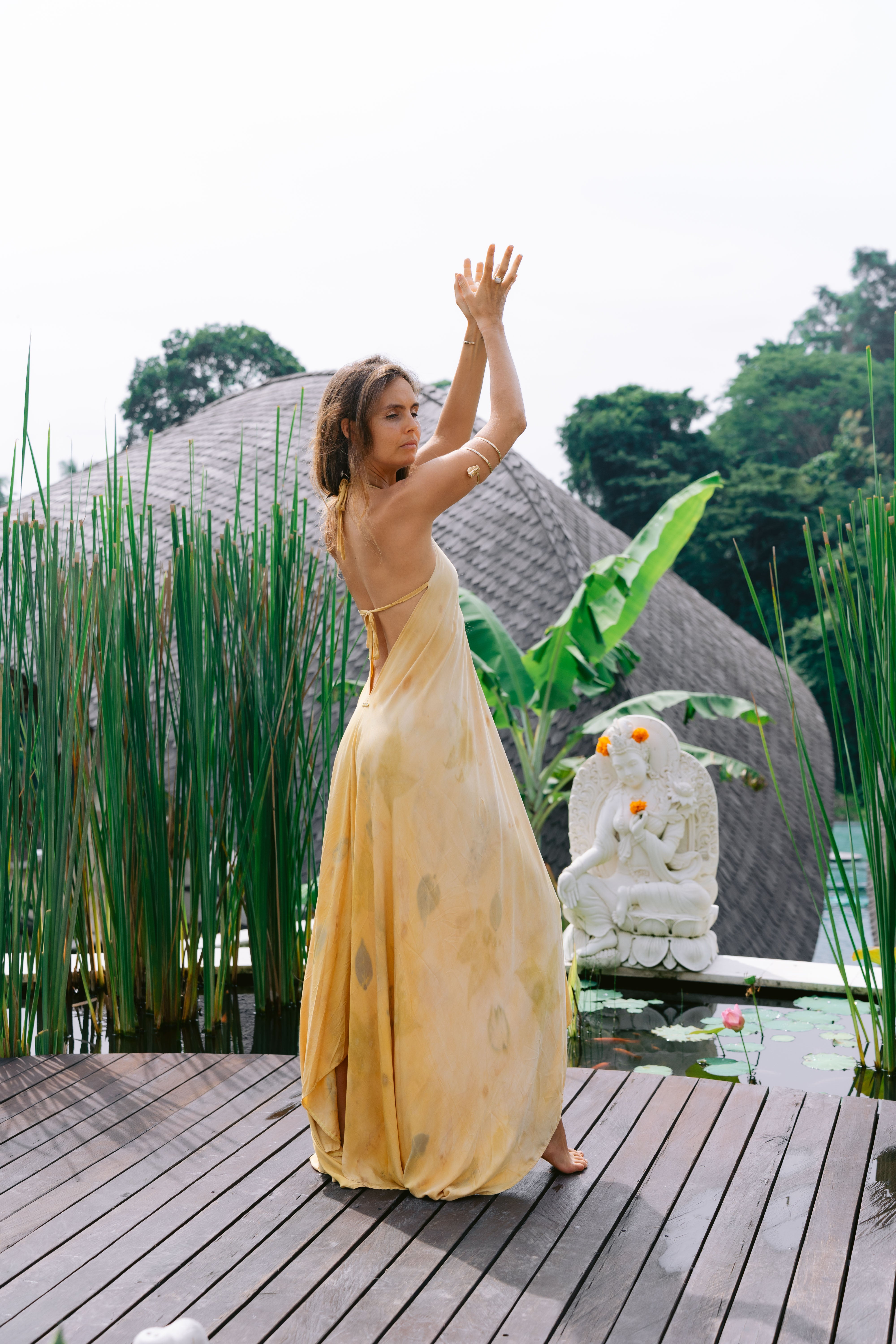 The Goddess – Yellow, White & Green Leaves  Eco Vero Friendly Eco Print Dress