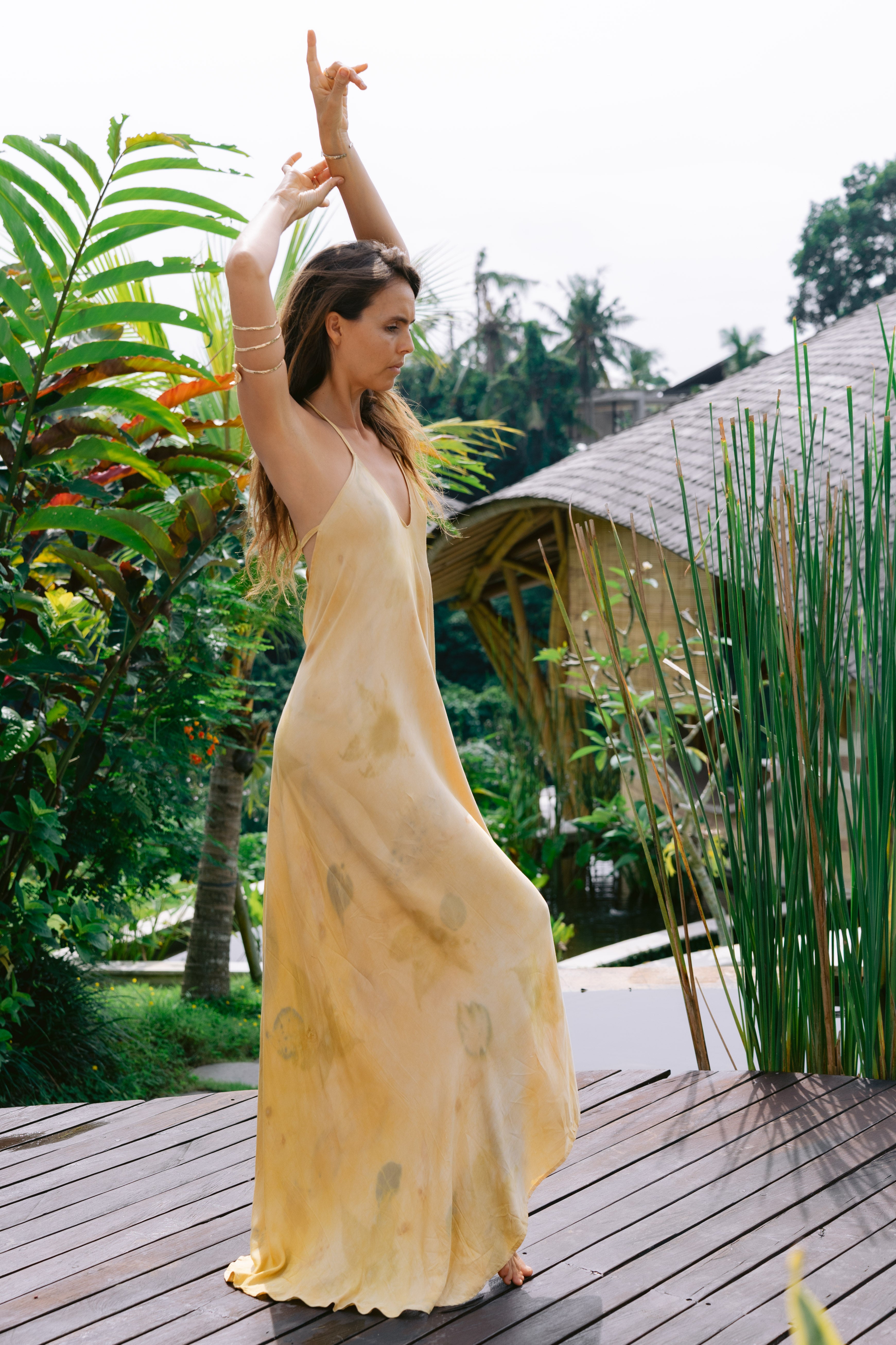 The Goddess – Yellow, White & Green Leaves  Eco Vero Friendly Eco Print Dress