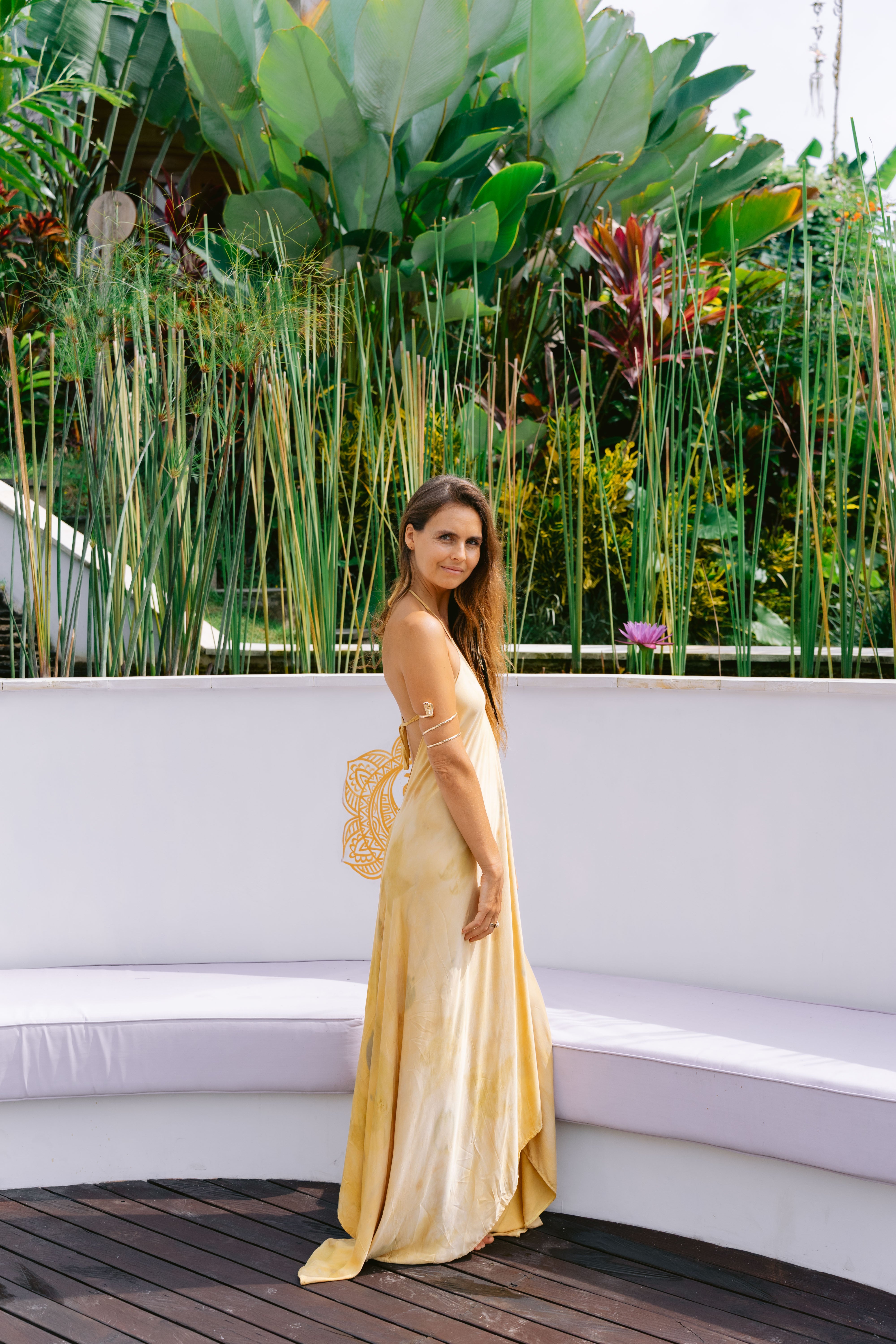 The Goddess – Yellow, White & Green Leaves  Eco Vero Friendly Eco Print Dress