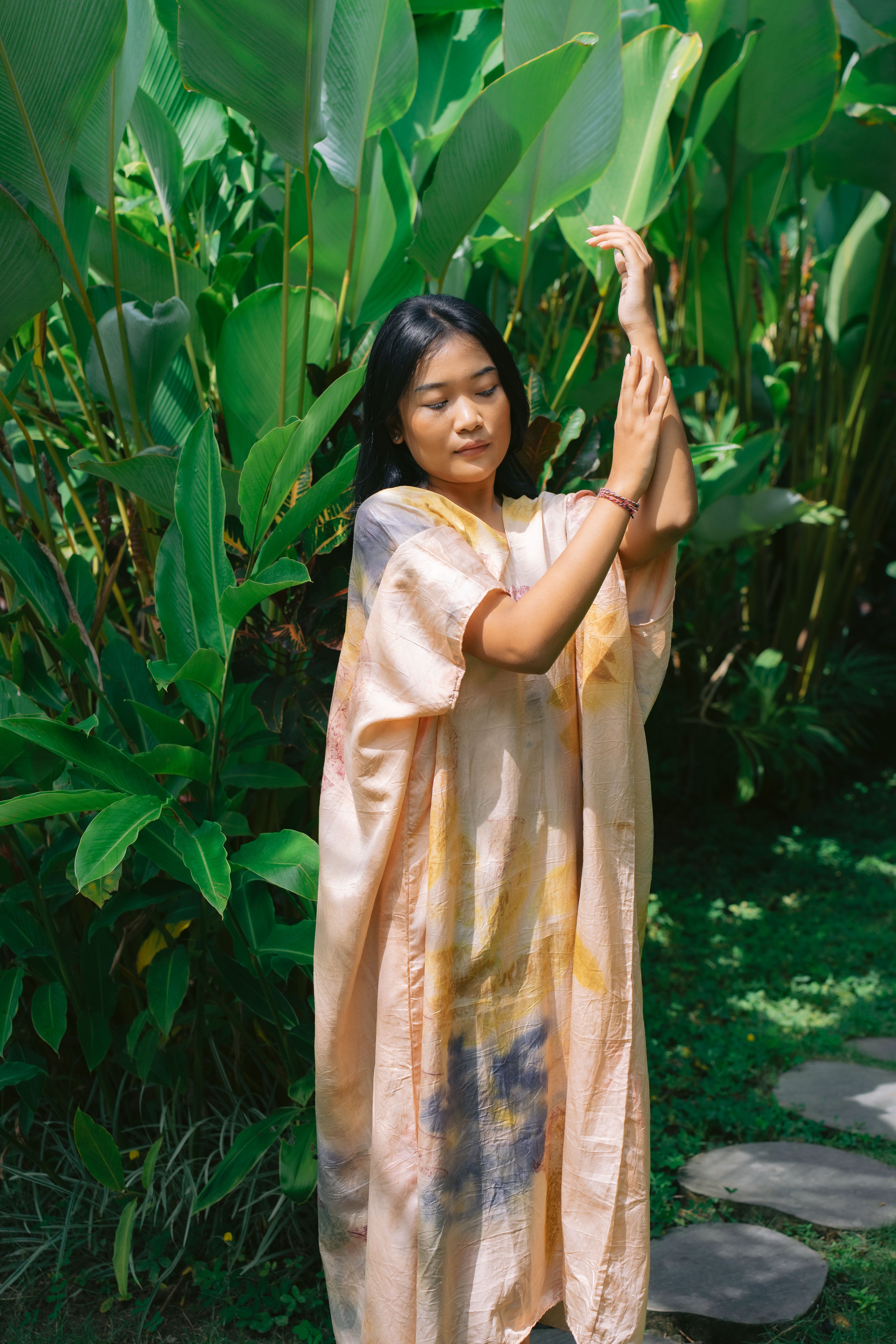 The Parvati – Pink Yellow, Purple, Red & Green Cotton Silk Eco Print Dress