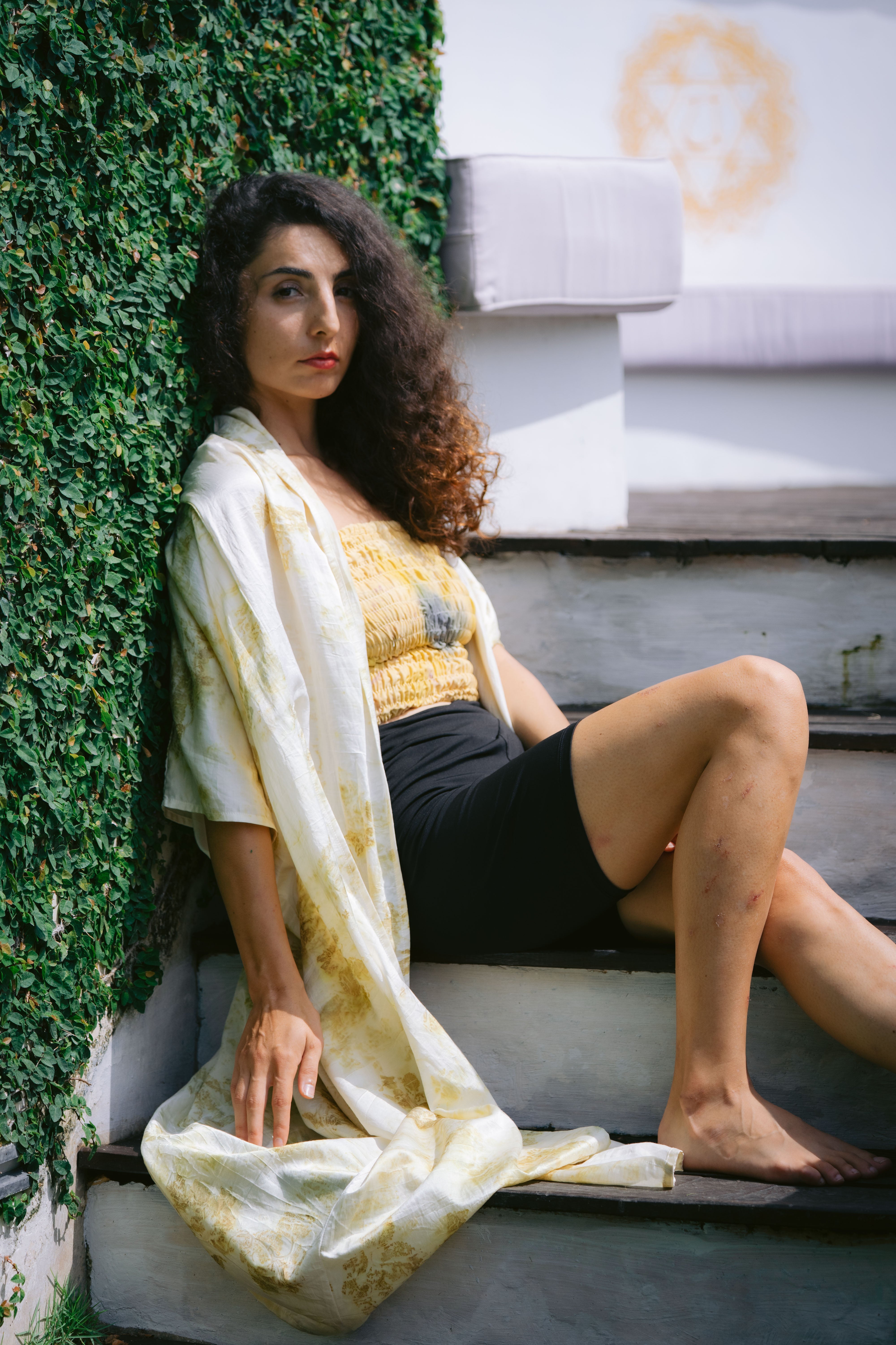 The Yogini – White Green & Yellow Cotton Silk Eco Print Pyjamas