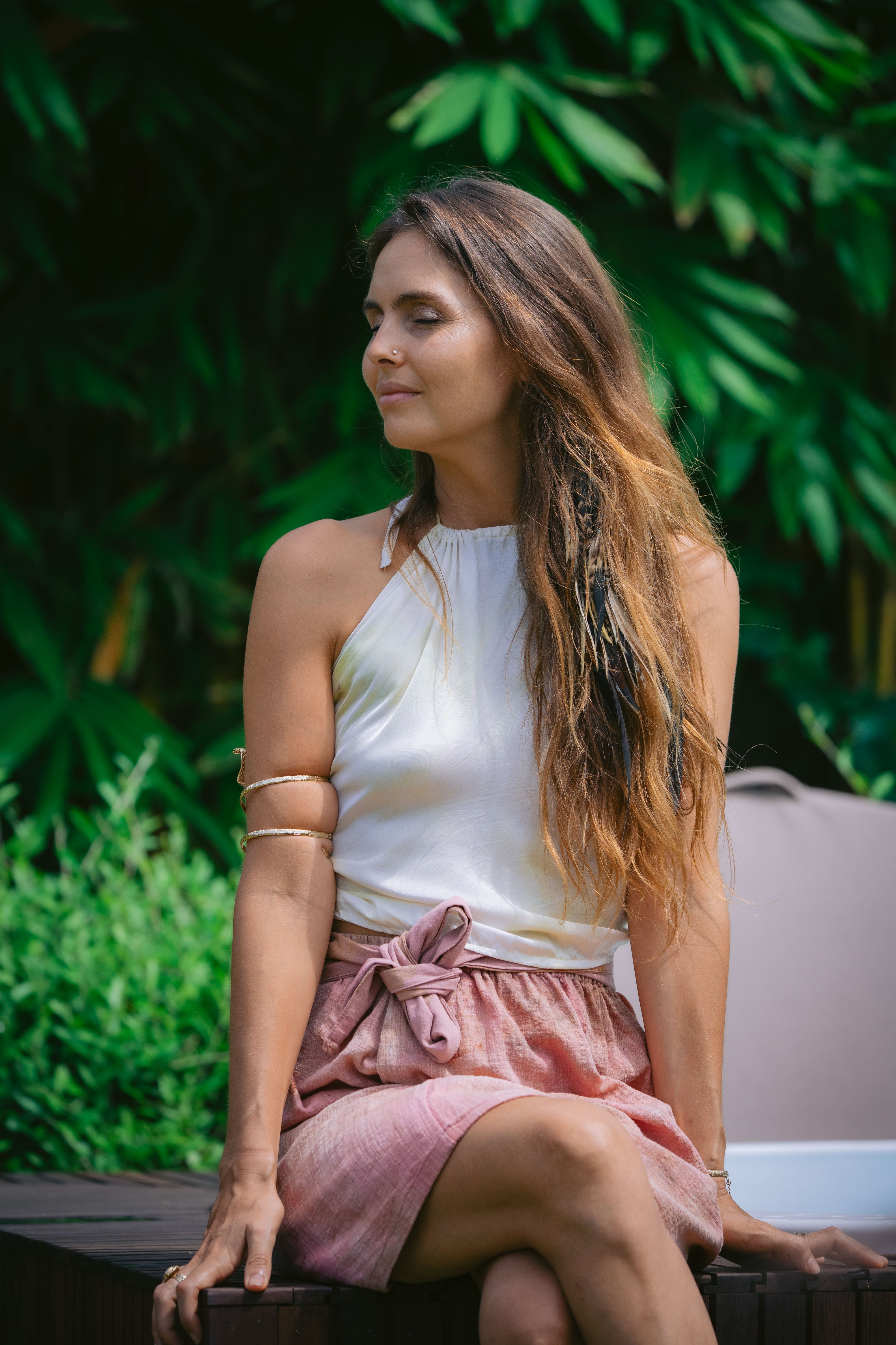 Tirta Puspa White & Yellow Cotton Silk Tank Top