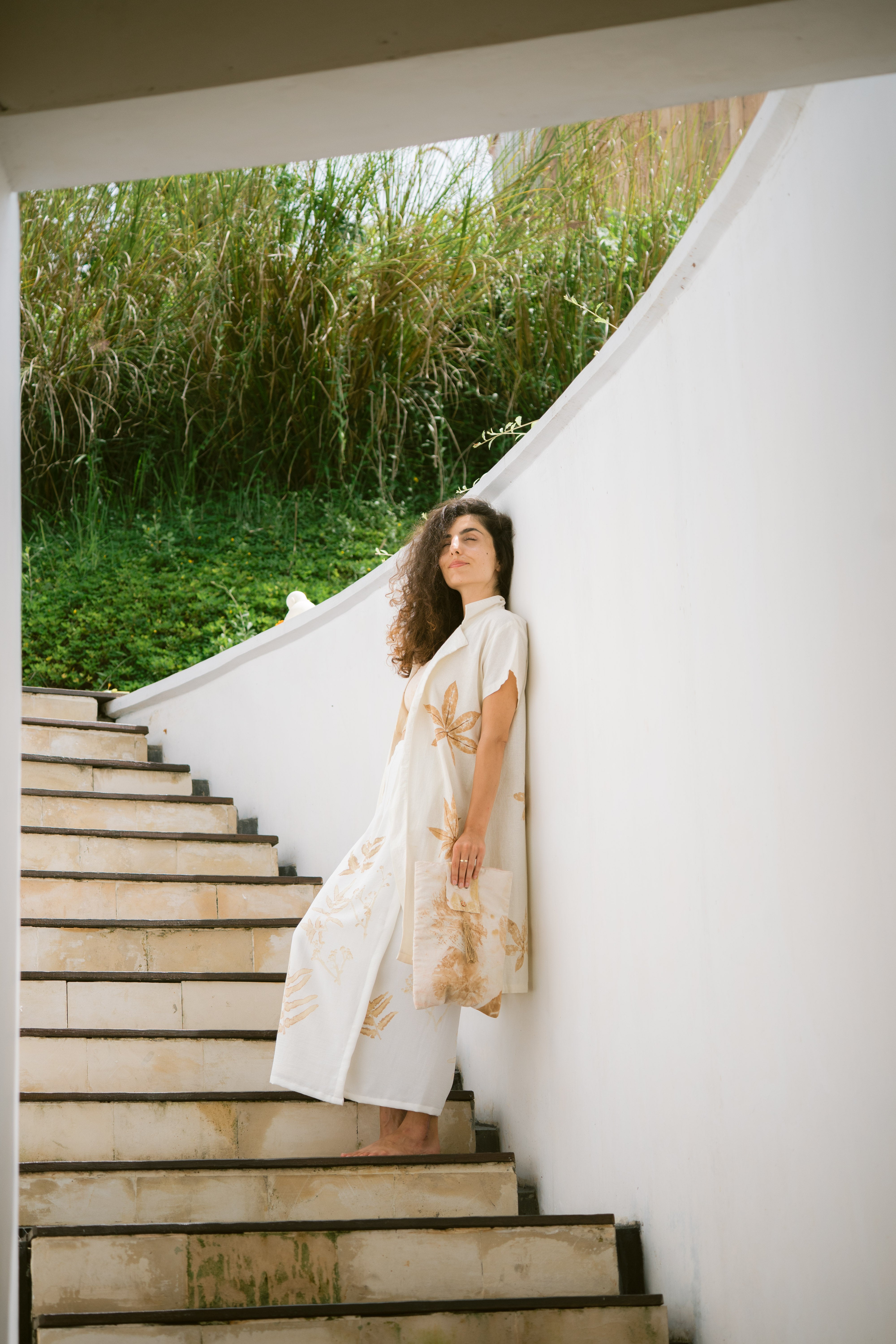 The Lotus  White & Brown Leaves Organic Bamboo Cotton Kimono Out Fit