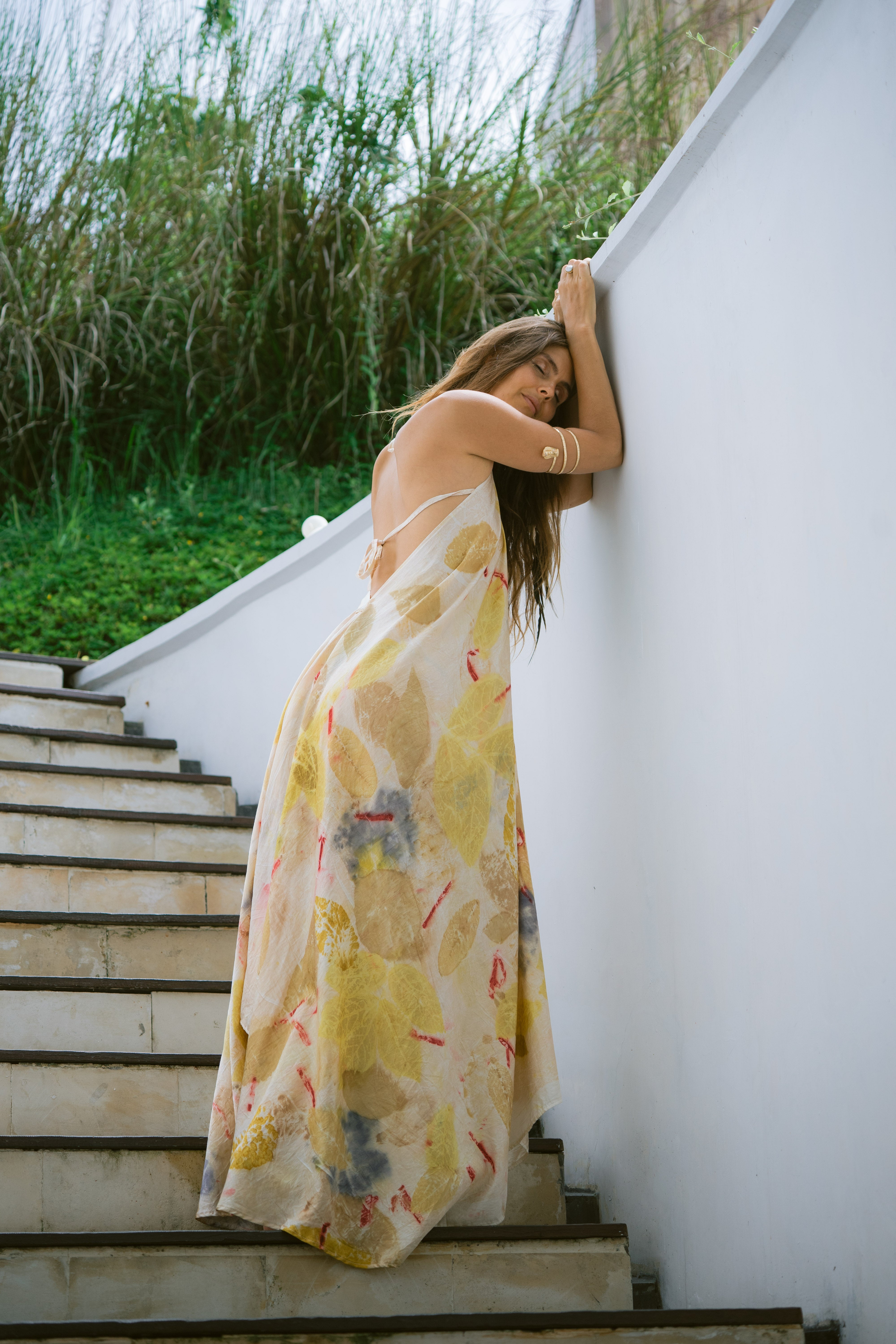 The Goddess – Blue, Yellow, Red & Green Leaves Cotton Silk Eco Print Dress