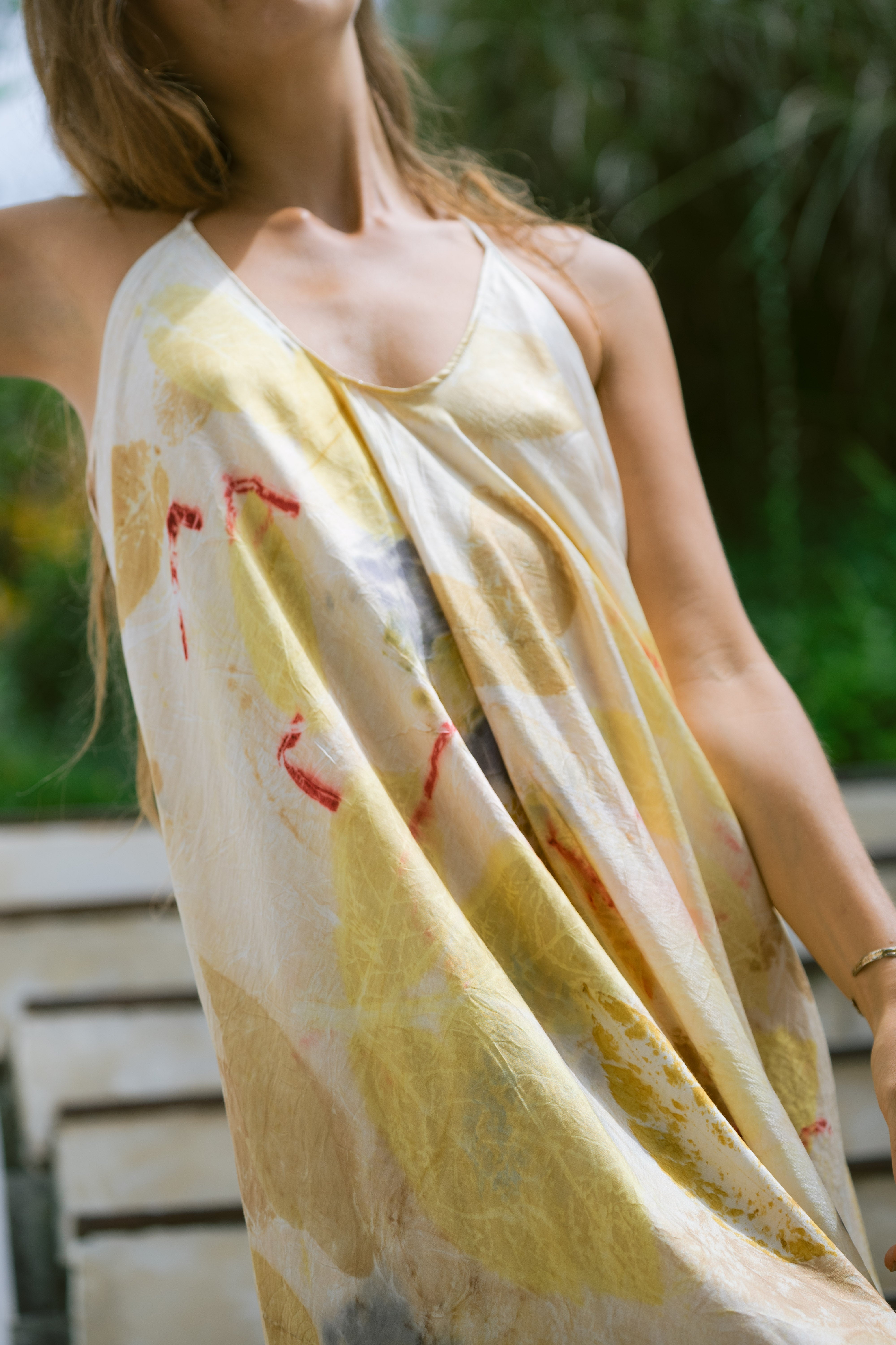 The Goddess – Blue, Yellow, Red & Green Leaves Cotton Silk Eco Print Dress