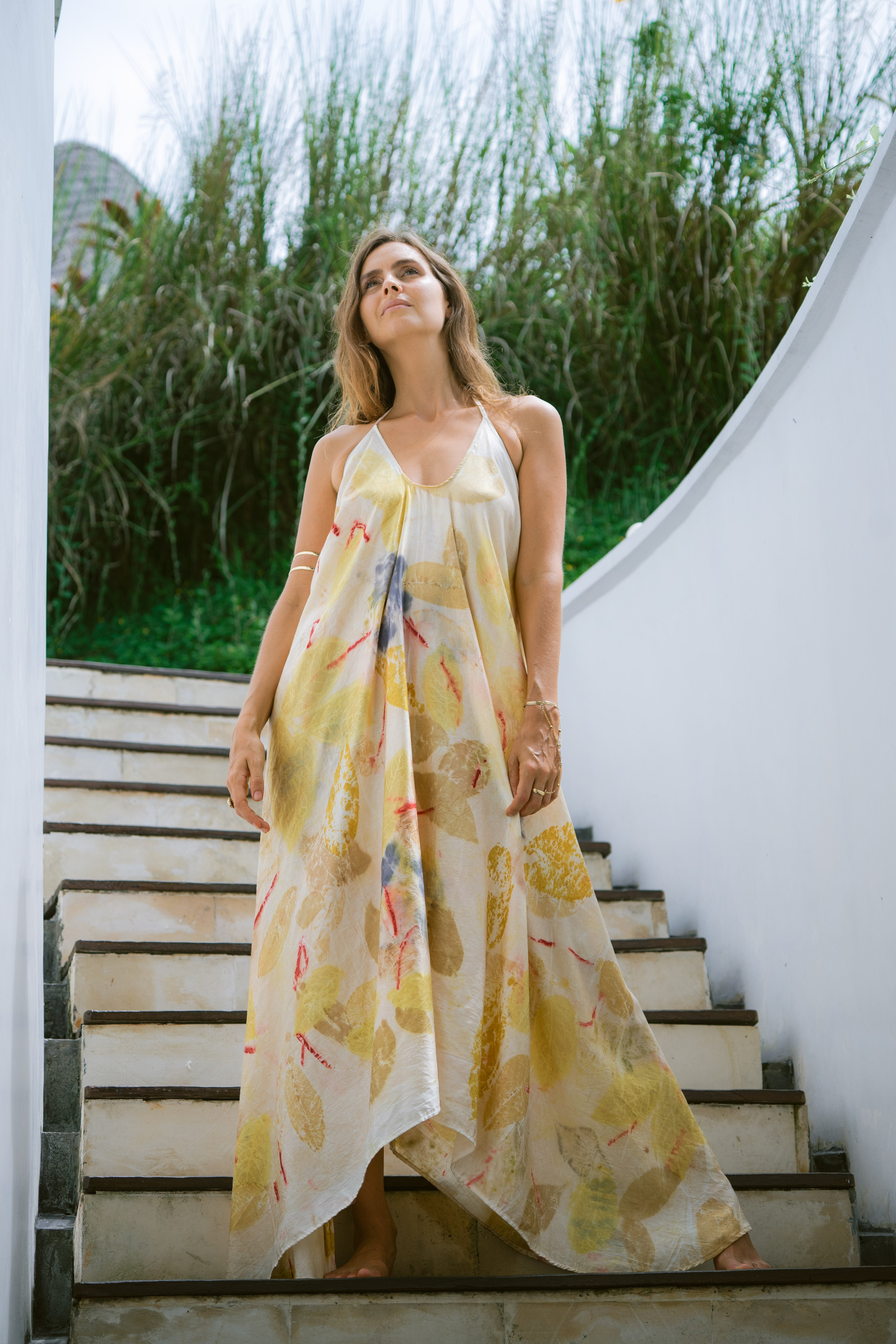 The Goddess – Blue, Yellow, Red & Green Leaves Cotton Silk Eco Print Dress