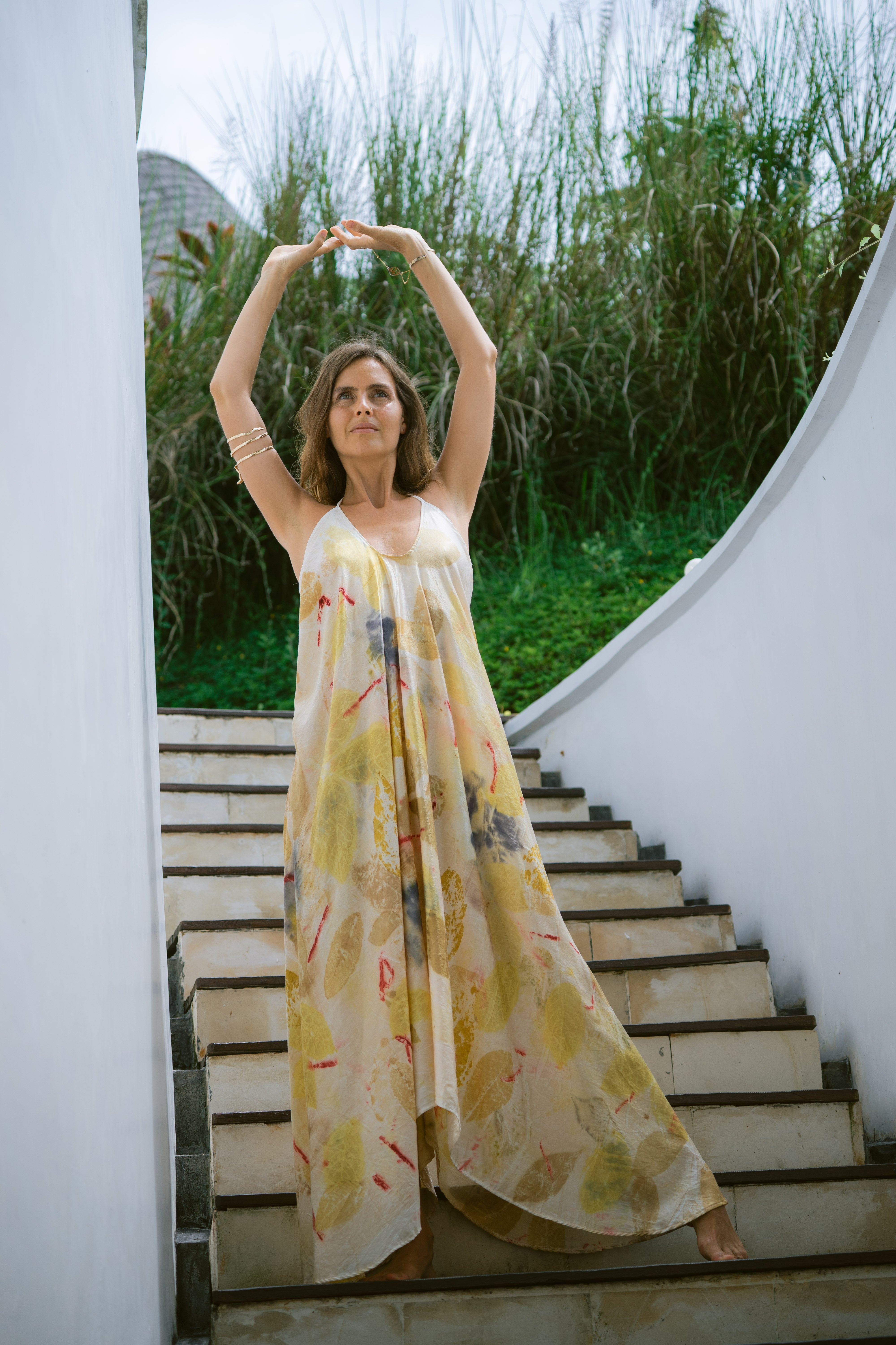 The Goddess – Blue, Yellow, Red & Green Leaves Cotton Silk Eco Print Dress