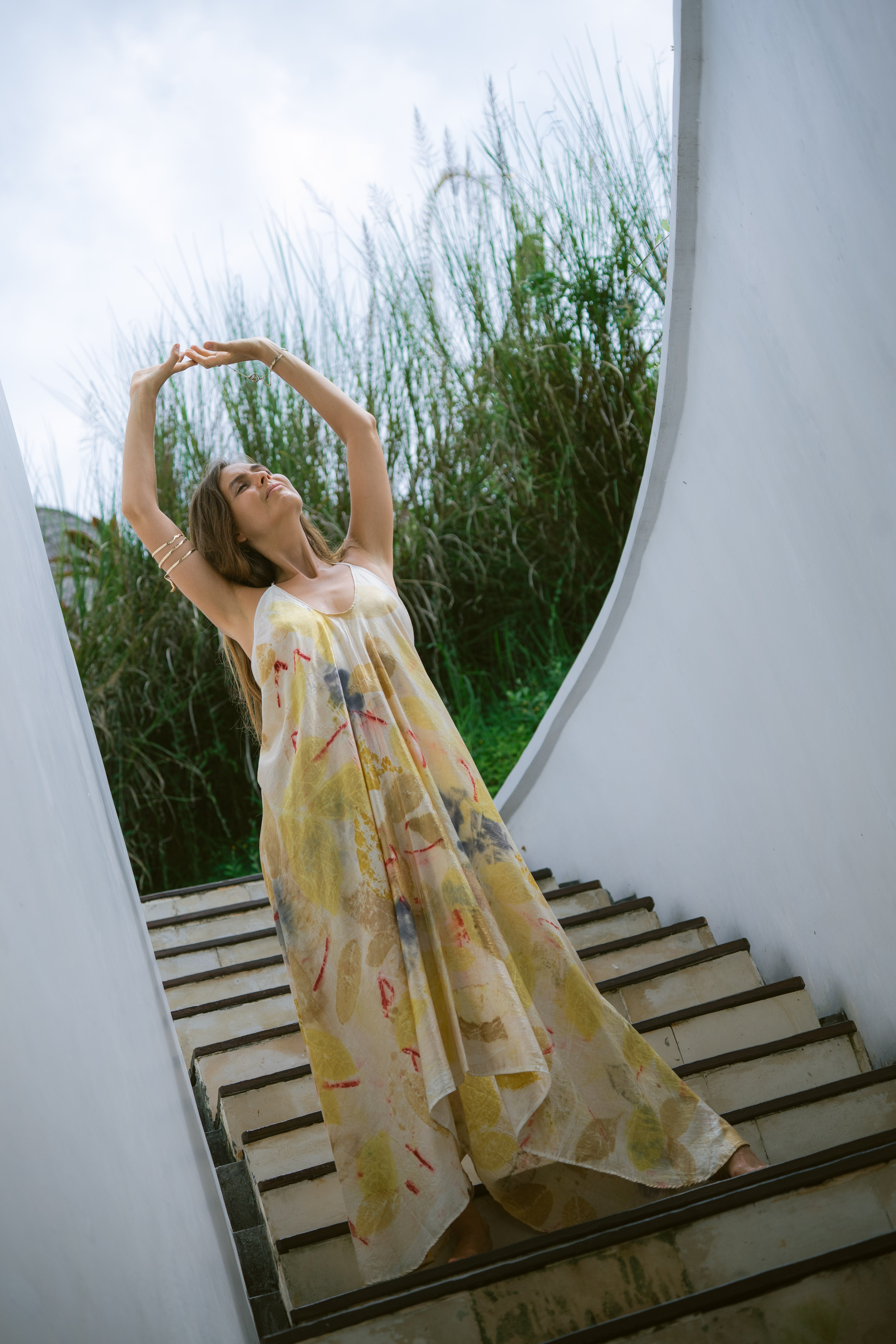 The Goddess – Blue, Yellow, Red & Green Leaves Cotton Silk Eco Print Dress