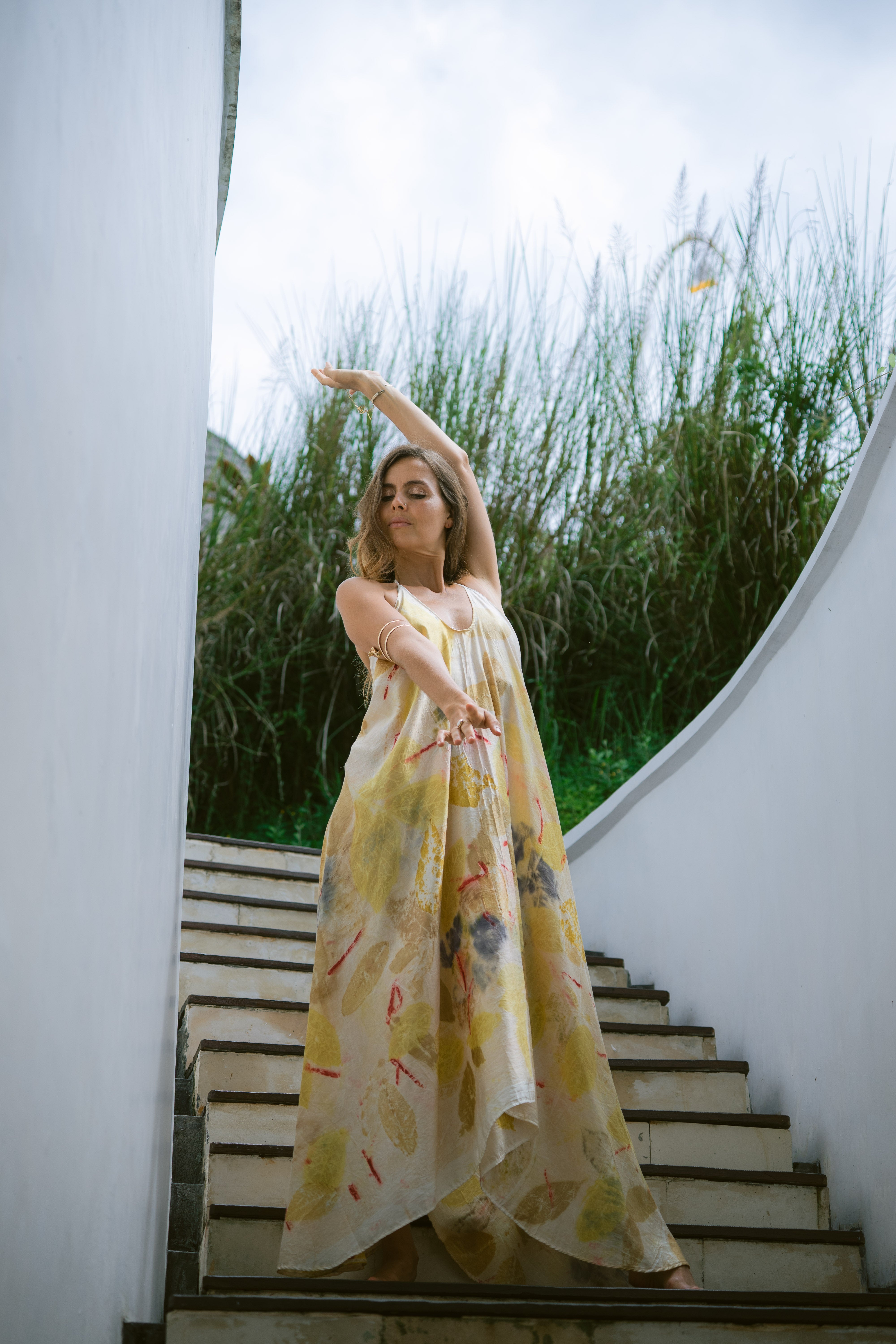 The Goddess – Blue, Yellow, Red & Green Leaves Cotton Silk Eco Print Dress