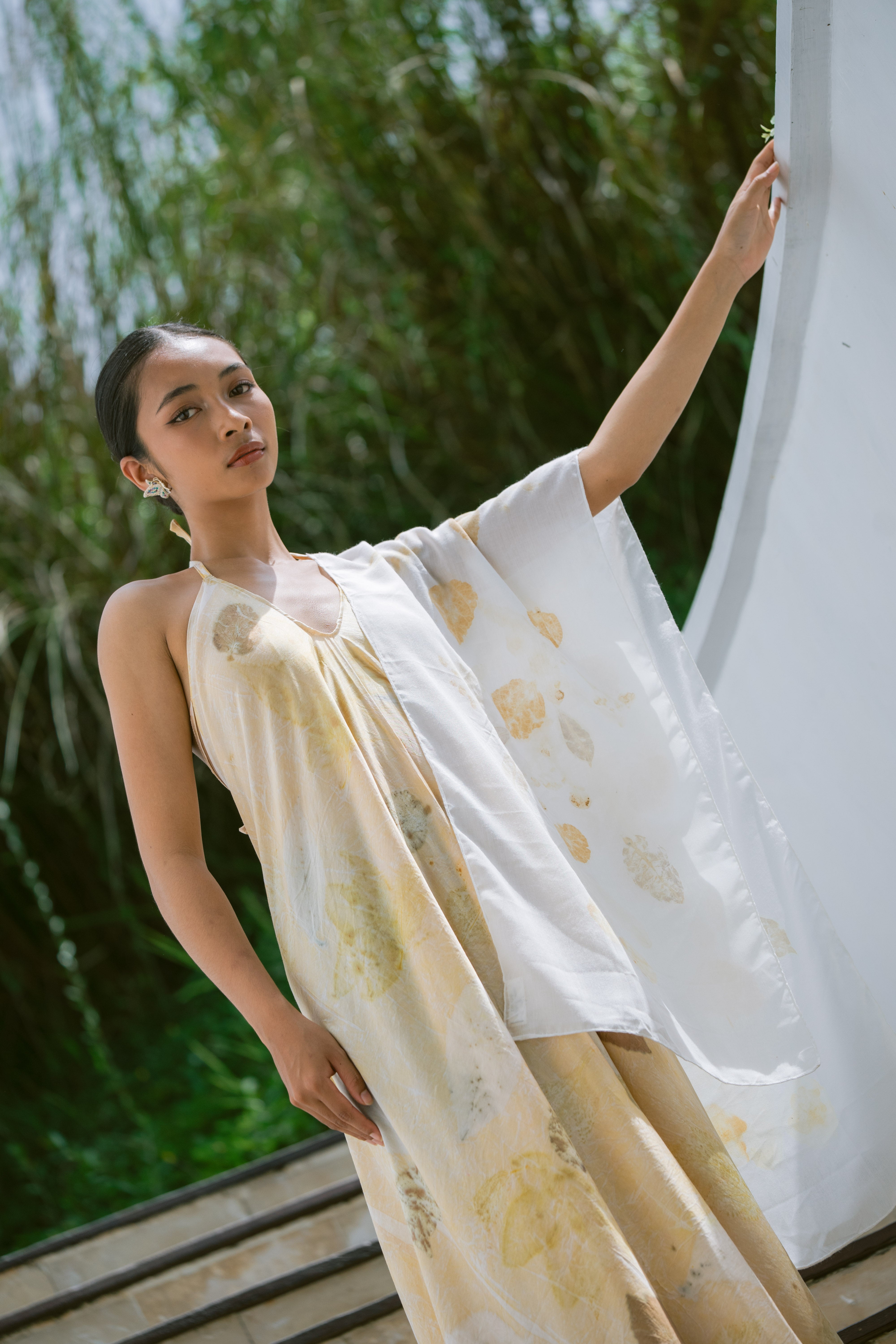 The Ratna Sari, White, Yellow & Gold Leaves Organic Cotton Shawl