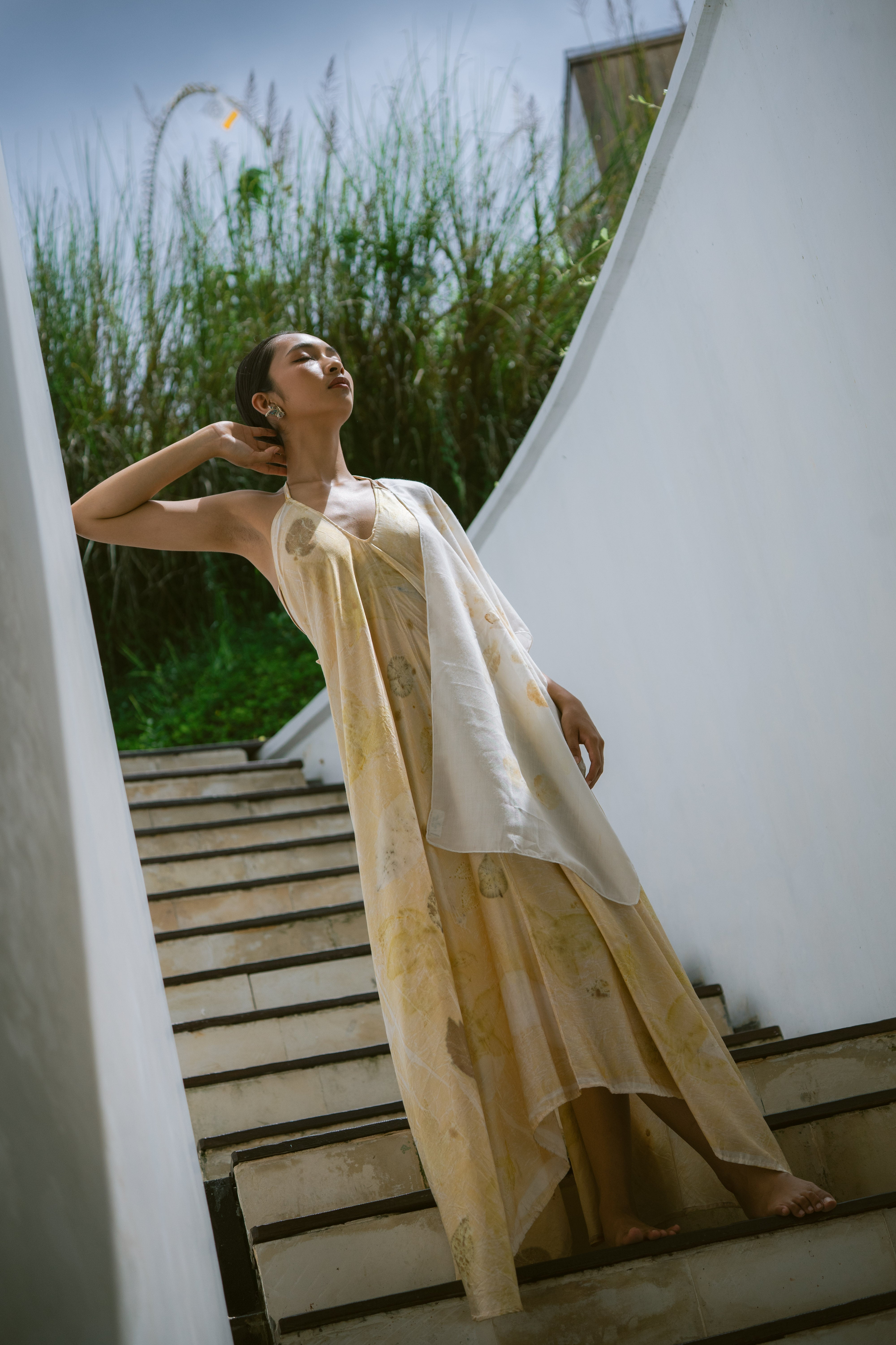 The Goddess – Yellow, White & Green Leaves Cotton Silk Eco Print Dress