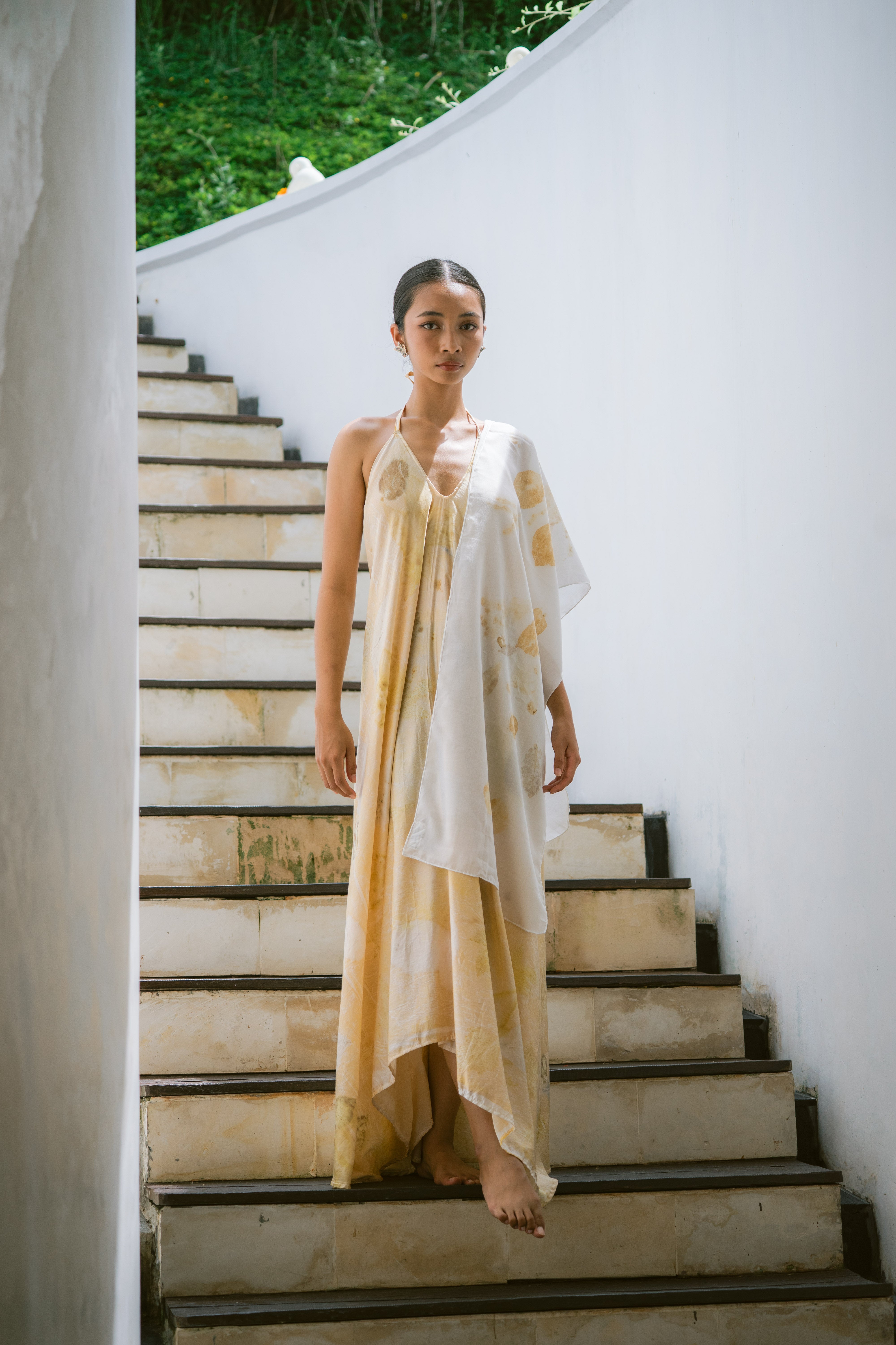 The Goddess – Yellow, White & Green Leaves Cotton Silk Eco Print Dress