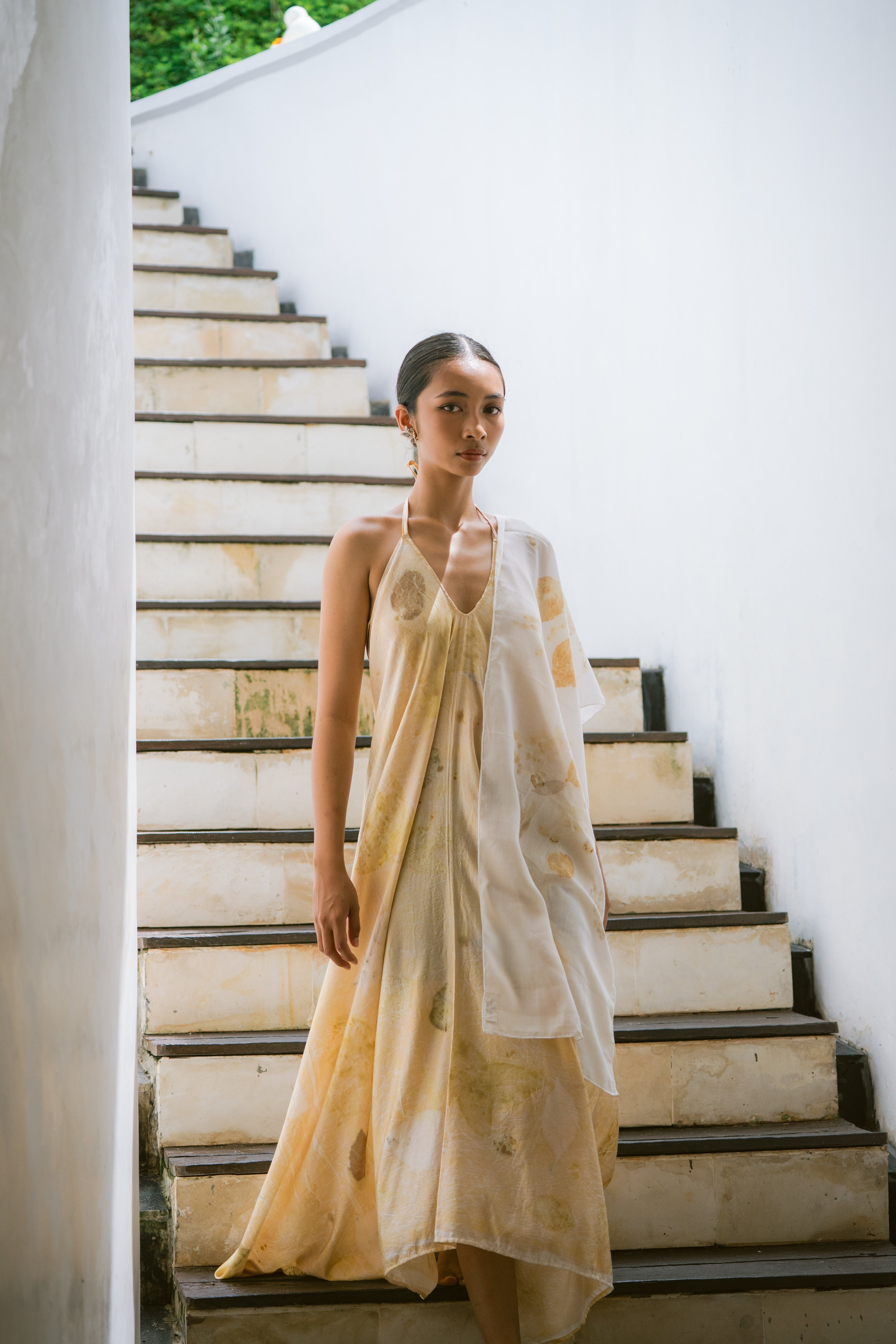 The Goddess – Yellow, White & Green Leaves Cotton Silk Eco Print Dress