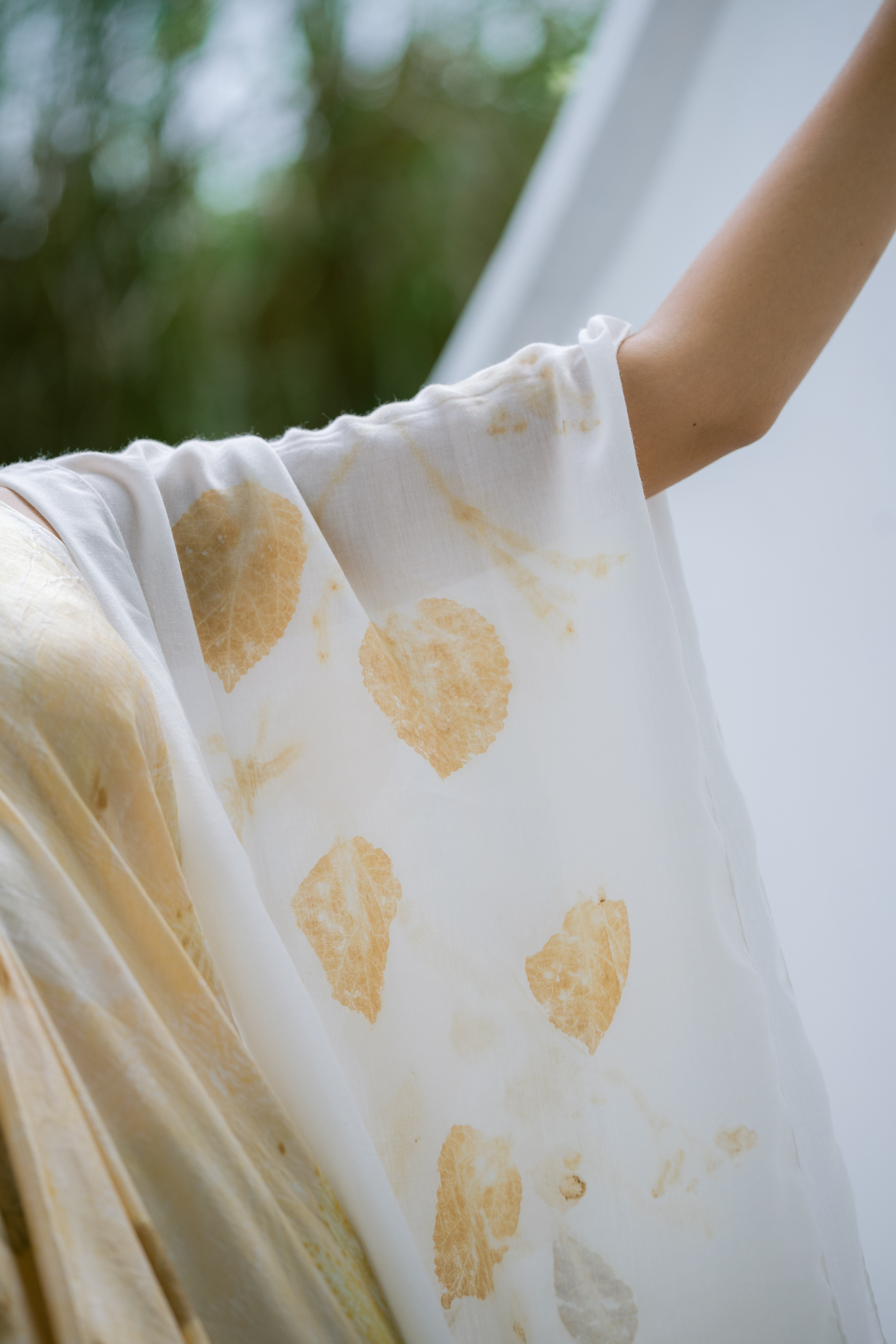 The Ratna Sari, White, Yellow & Gold Leaves Organic Cotton Shawl