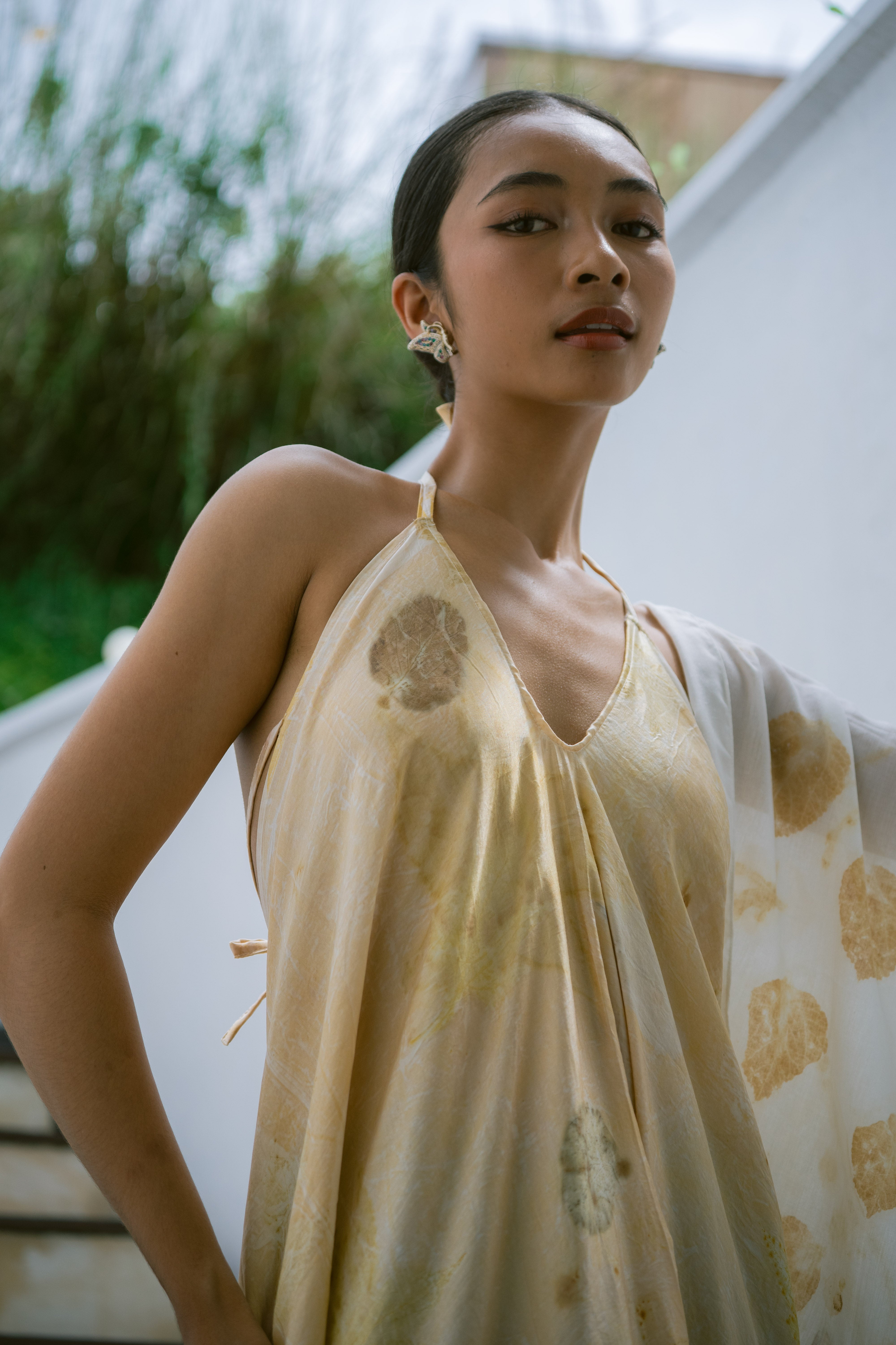 The Goddess – Yellow, White & Green Leaves Cotton Silk Eco Print Dress