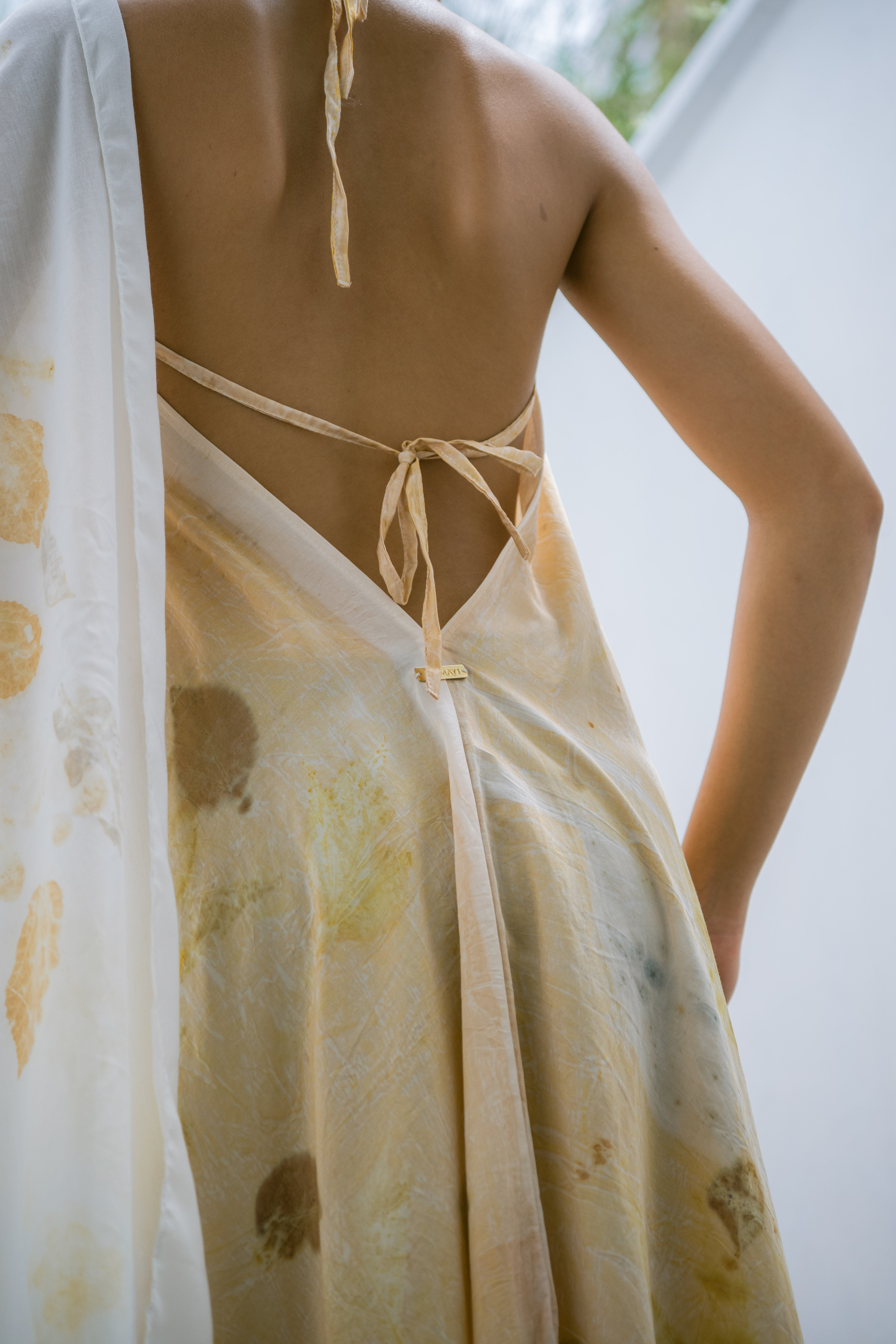 The Goddess – Yellow, White & Green Leaves Cotton Silk Eco Print Dress