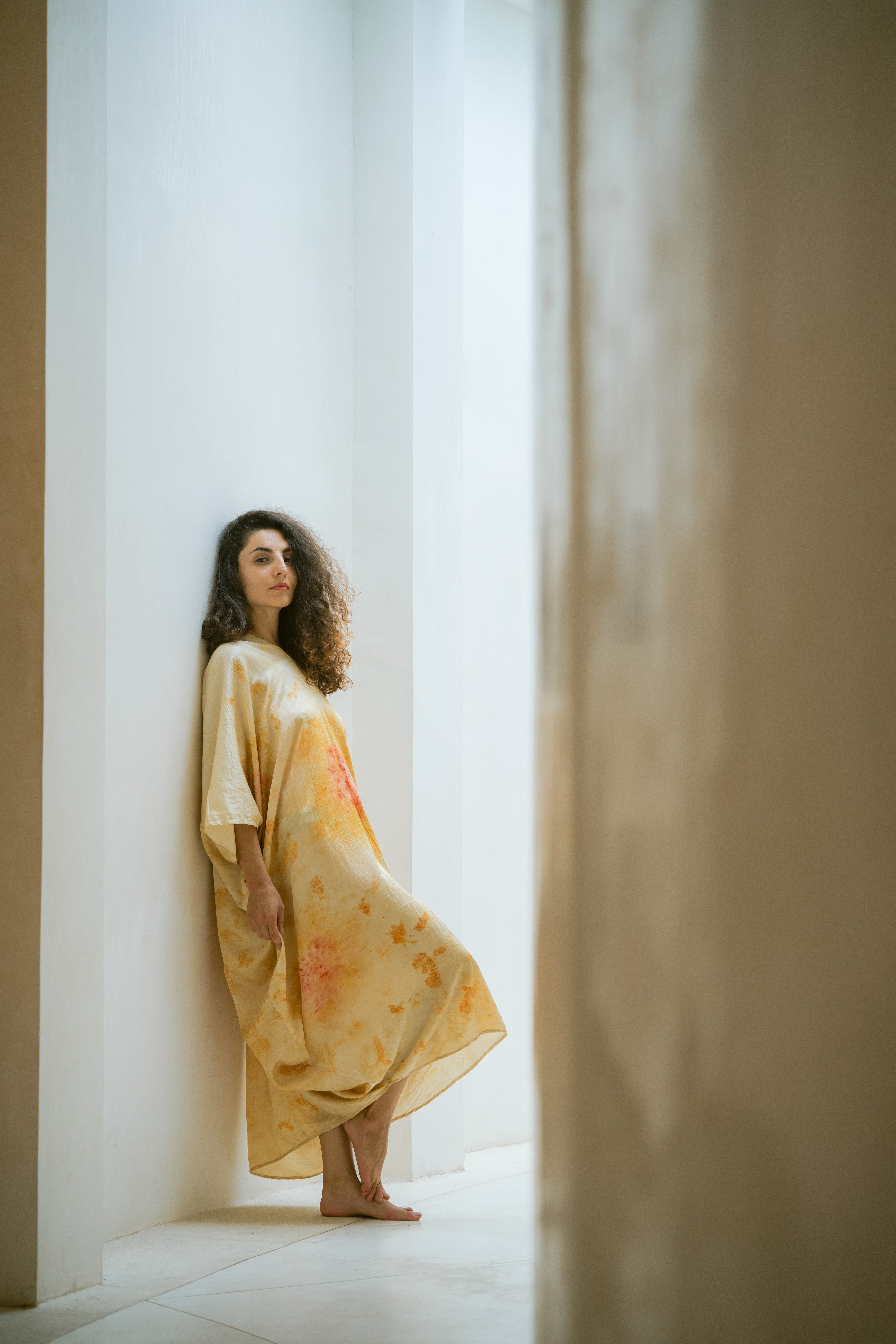 The Parvati – Yellow & Red Cotton Silk Eco Print Dress