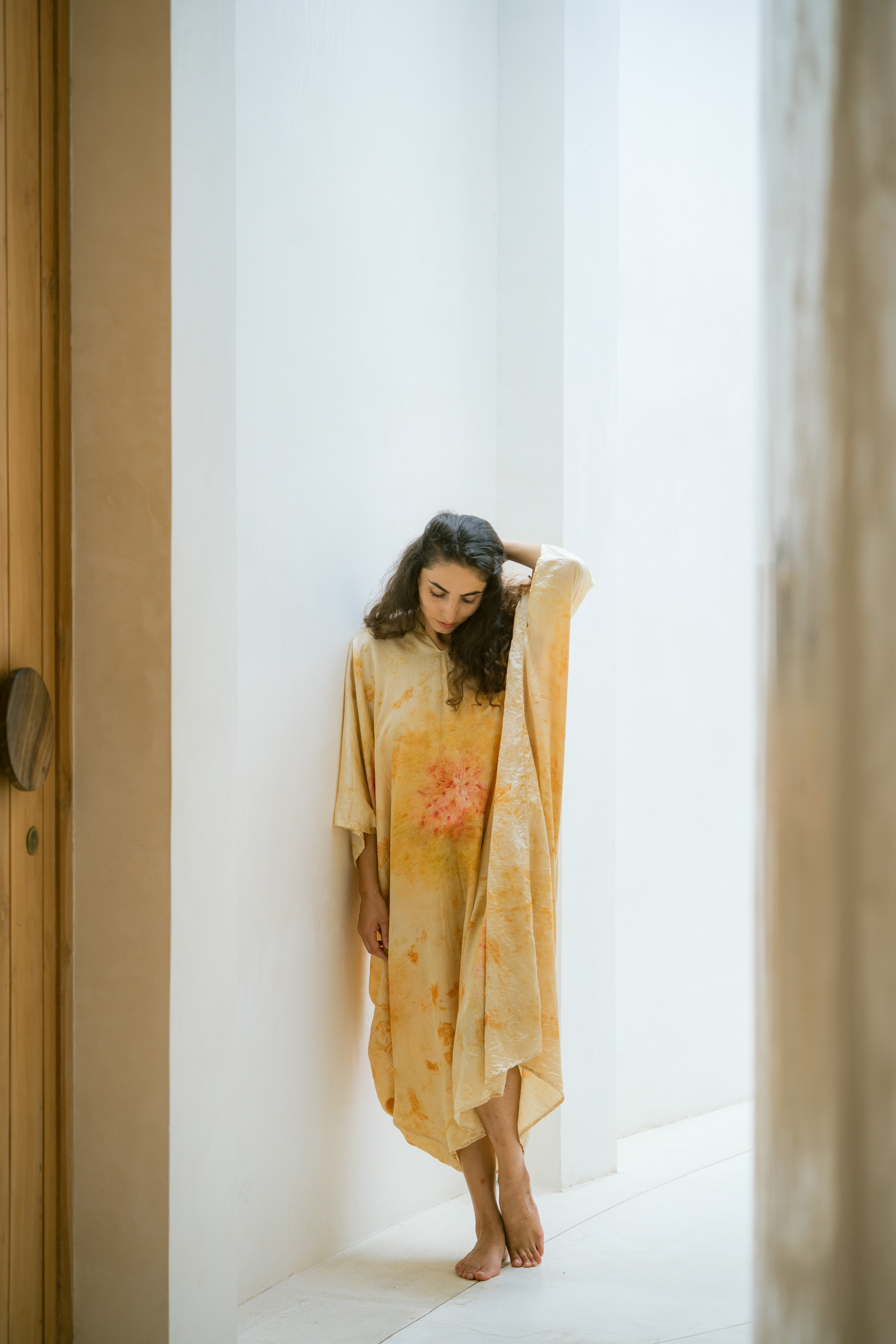 The Parvati – Yellow & Red Cotton Silk Eco Print Dress