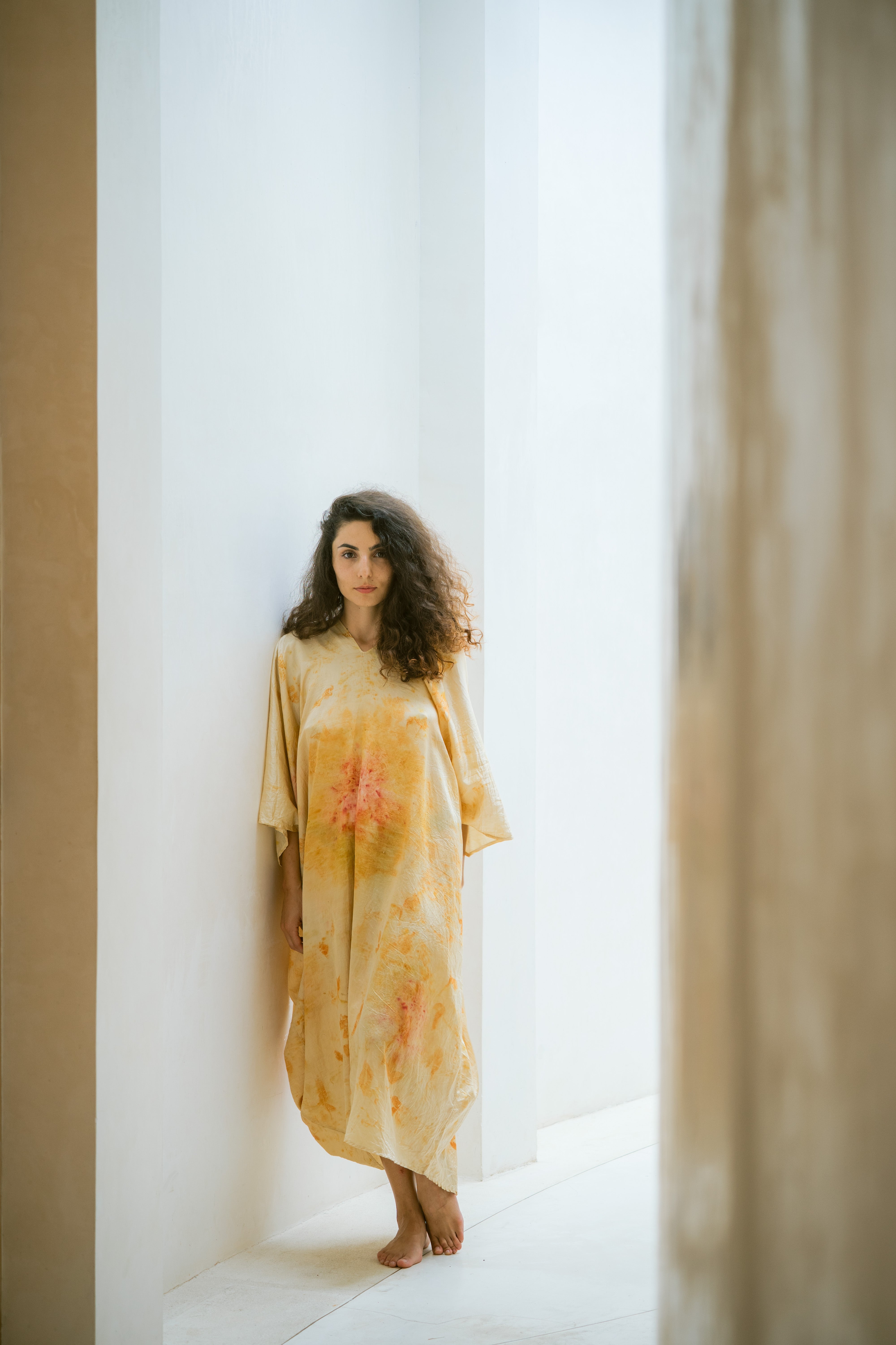 The Parvati – Yellow & Red Cotton Silk Eco Print Dress