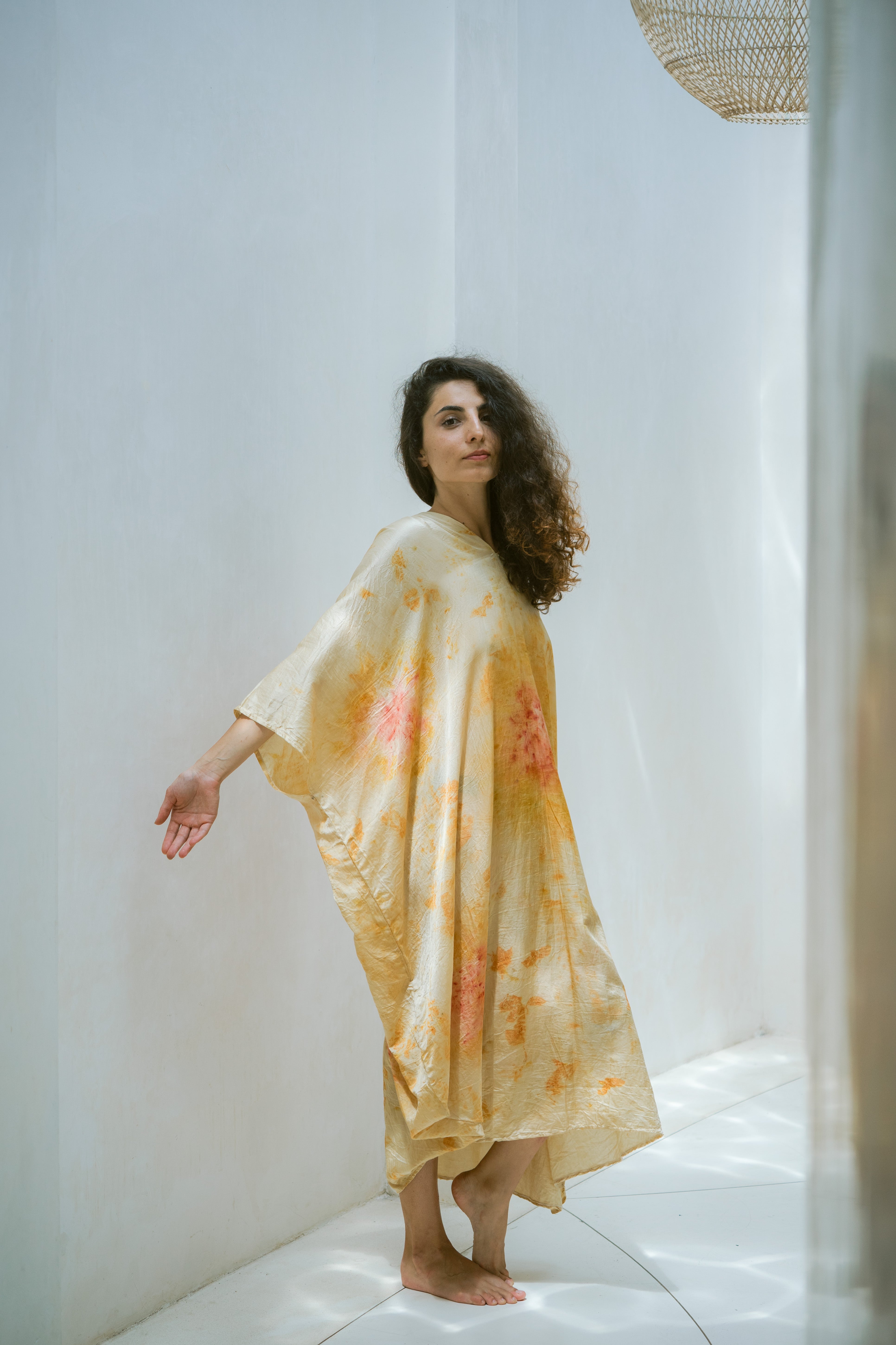 The Parvati – Yellow & Red Cotton Silk Eco Print Dress