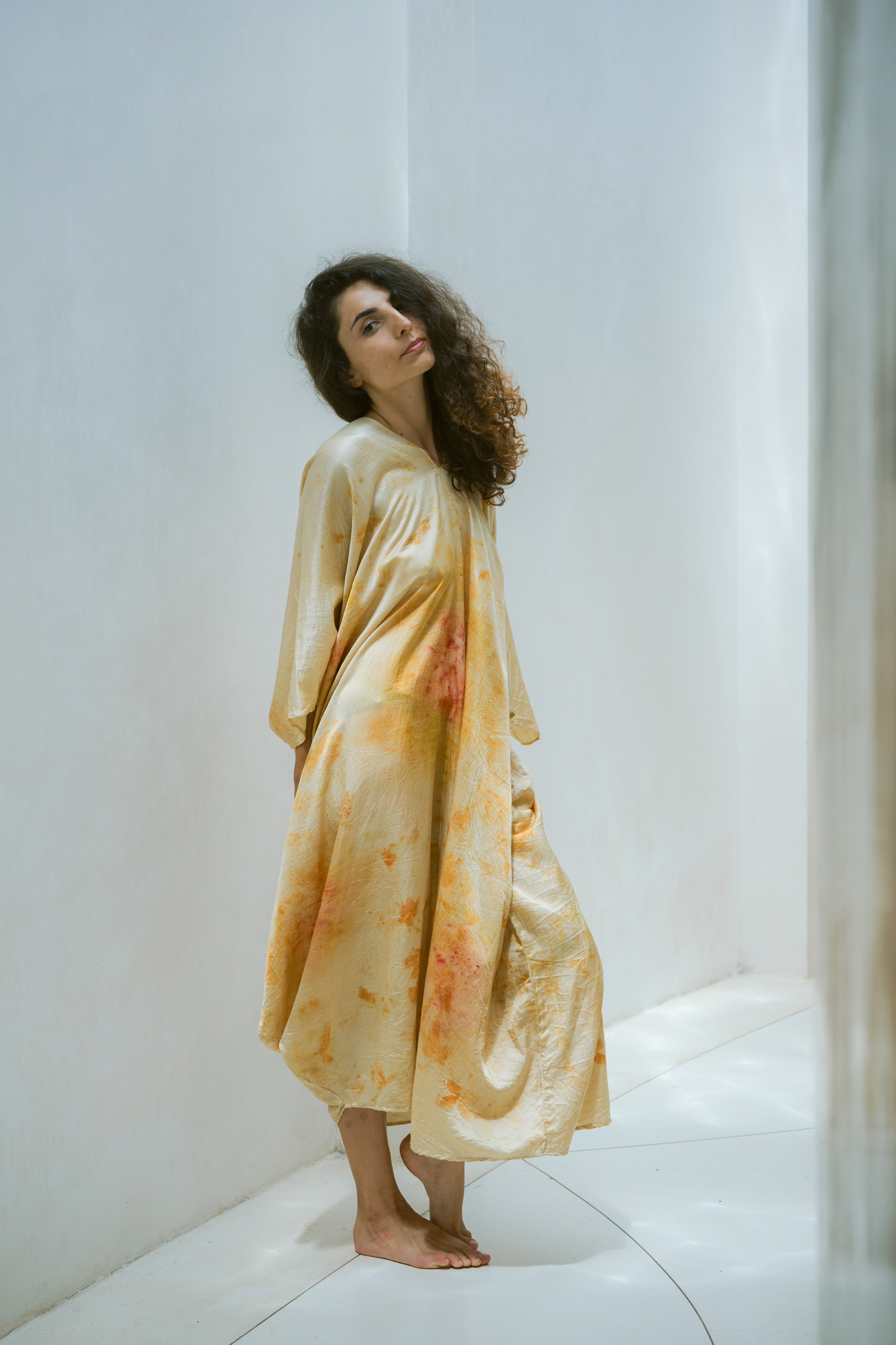 The Parvati – Yellow & Red Cotton Silk Eco Print Dress