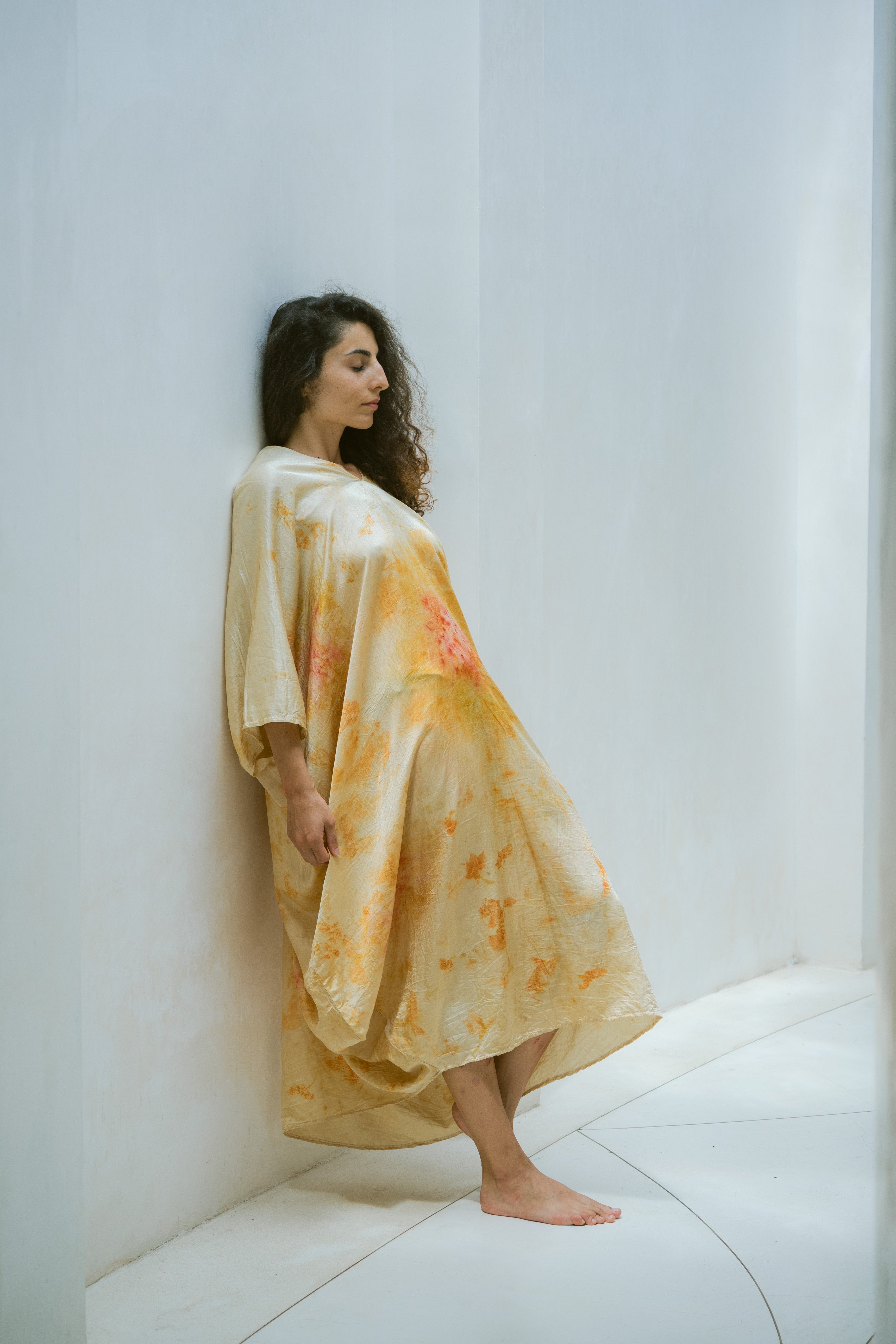 The Parvati – Yellow & Red Cotton Silk Eco Print Dress