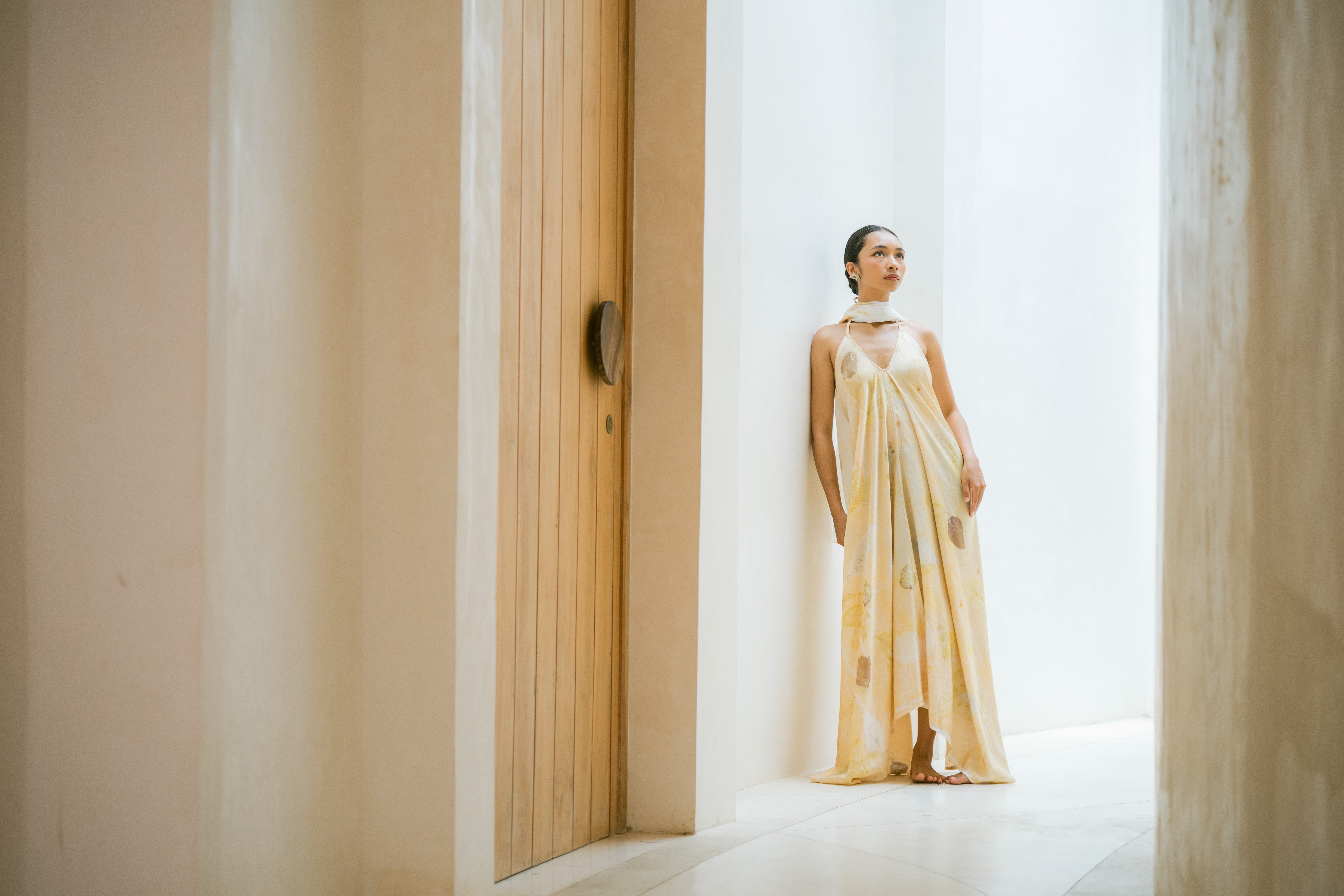 The Goddess – Yellow, White, Brown & Green Leaves Cotton Silk Eco Print Dress