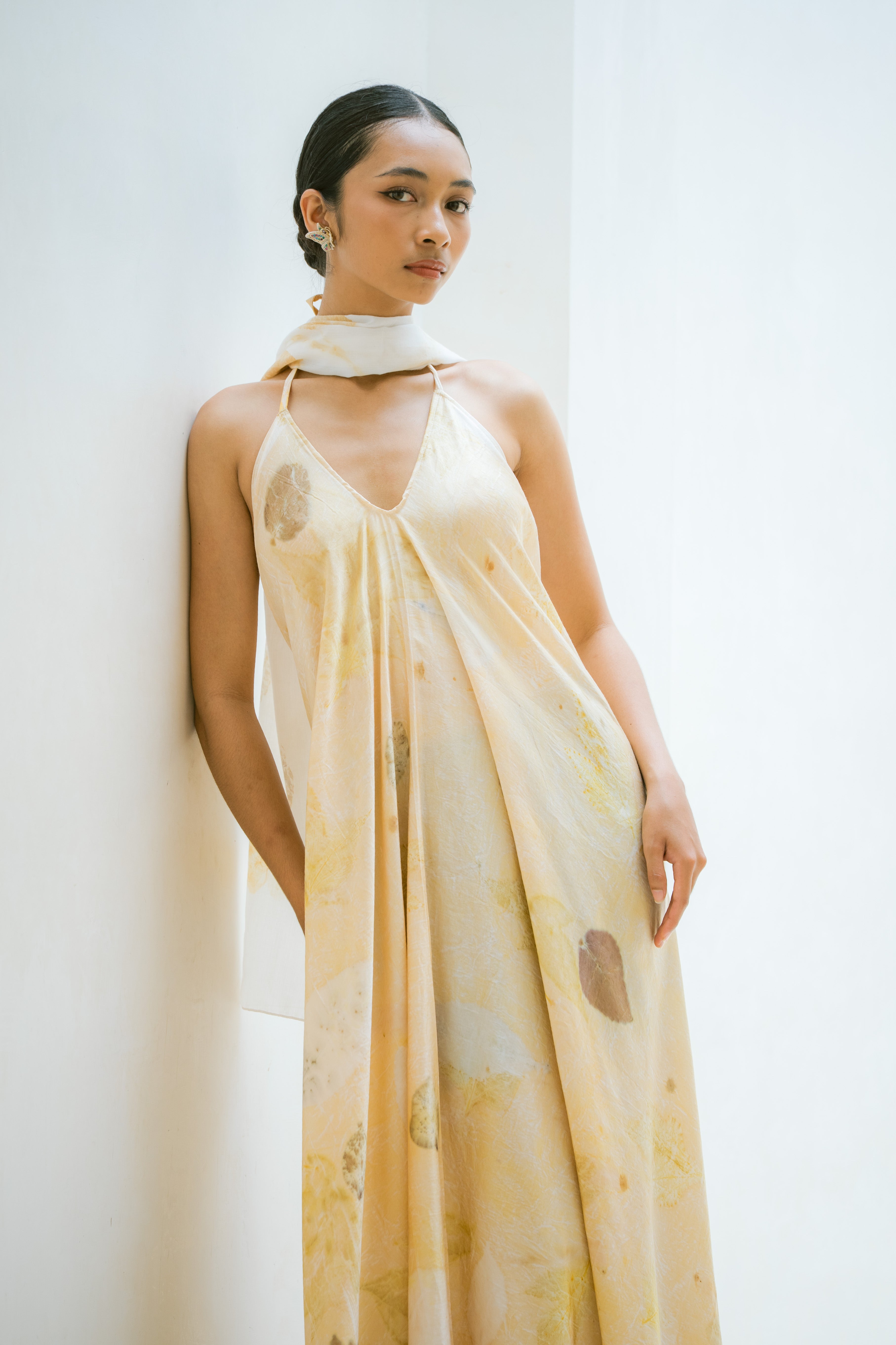 The Goddess – Yellow, White, Brown & Green Leaves Cotton Silk Eco Print Dress