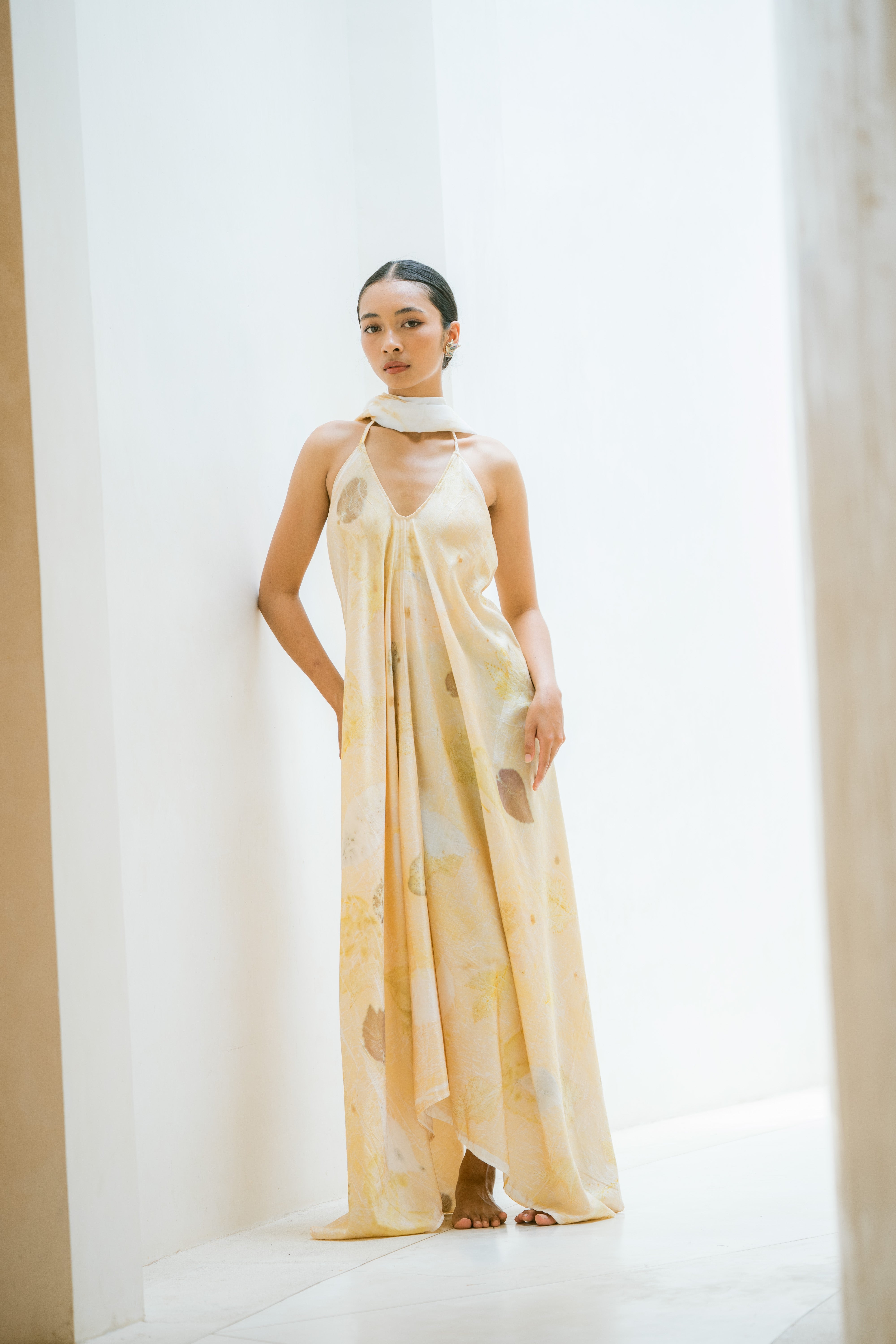 The Goddess – Yellow, White, Brown & Green Leaves Cotton Silk Eco Print Dress