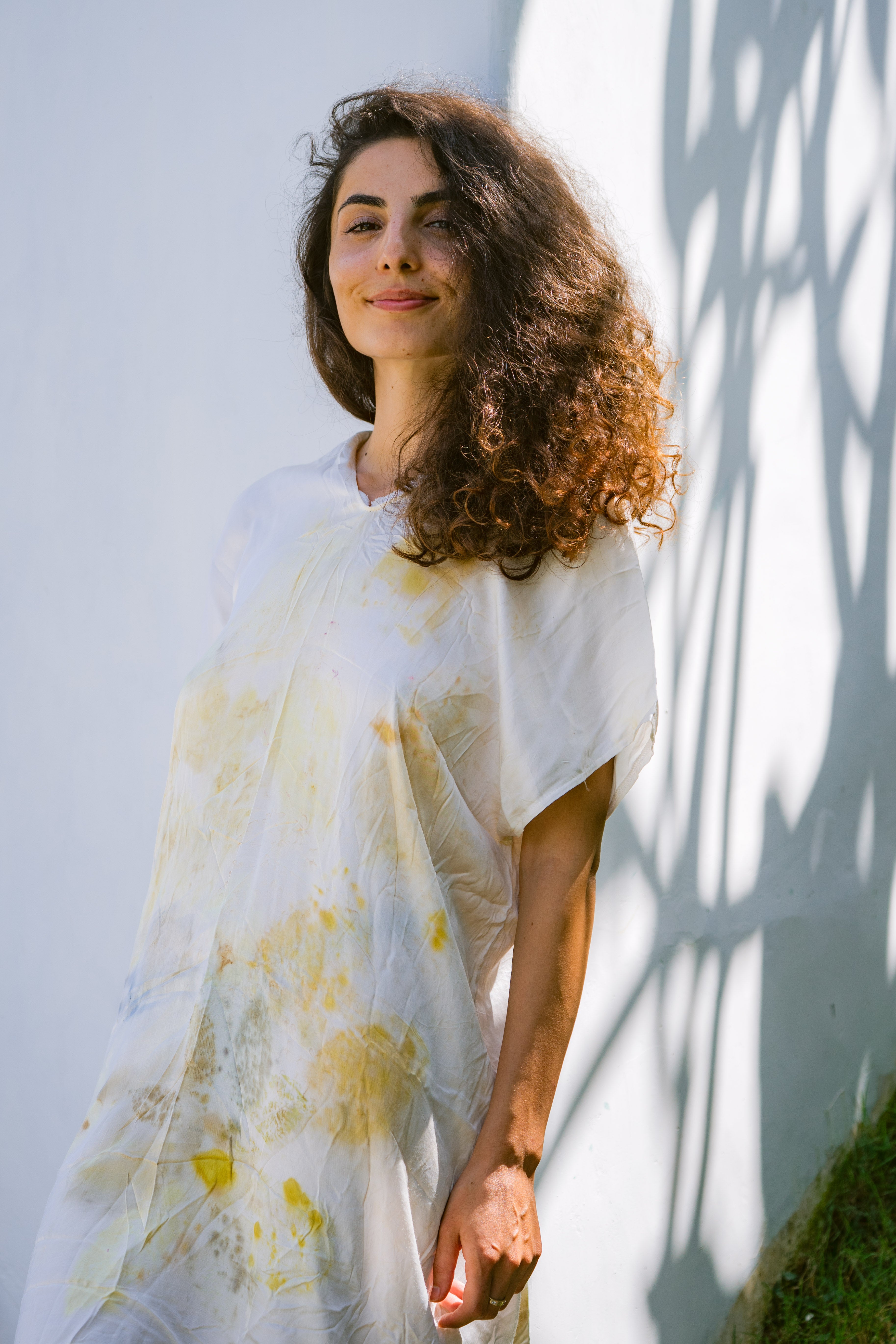 The Parvati – White, Yellow, Blue & Brown Cotton Silk Eco Print Dress