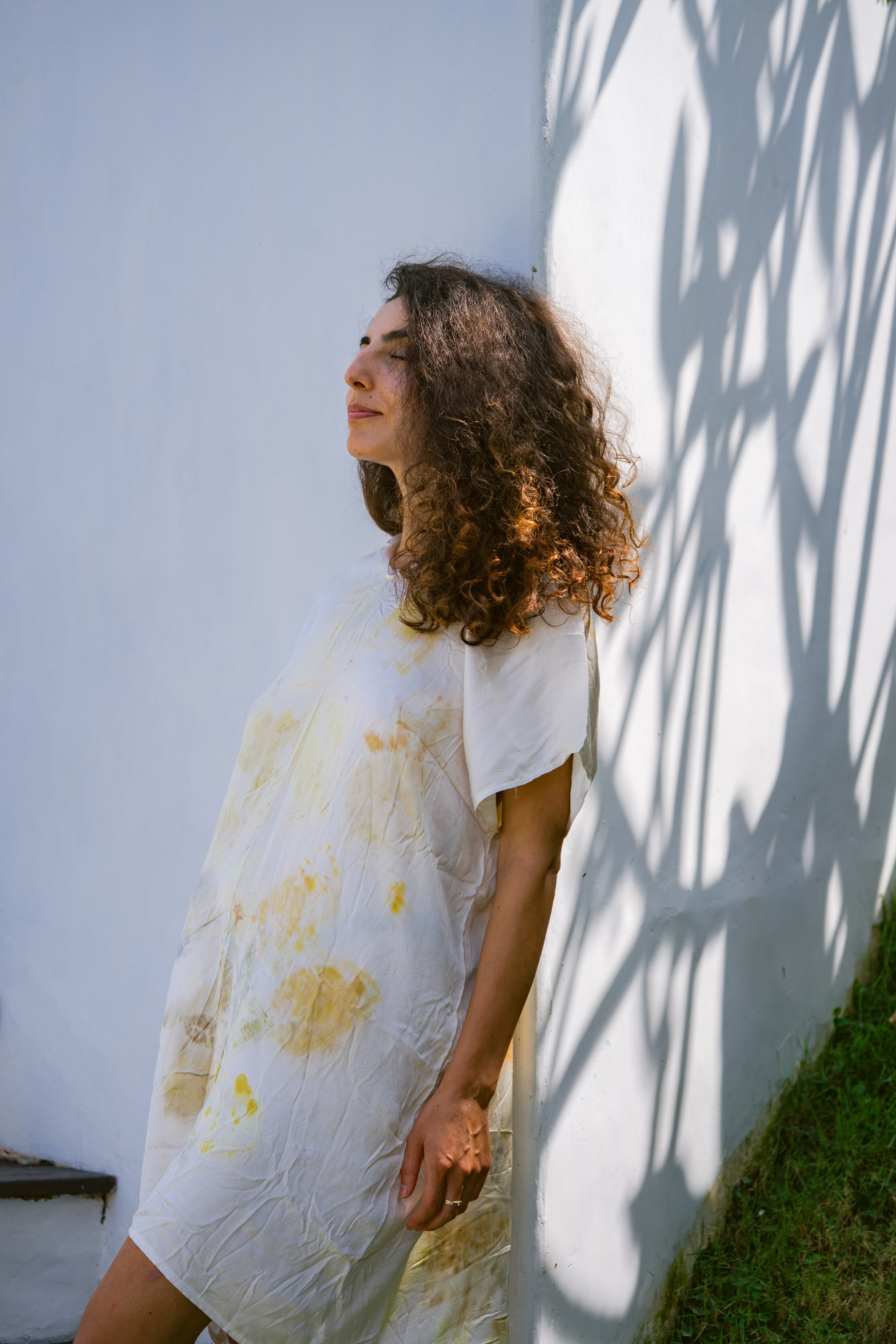 The Parvati – White, Yellow, Blue & Brown Cotton Silk Eco Print Dress