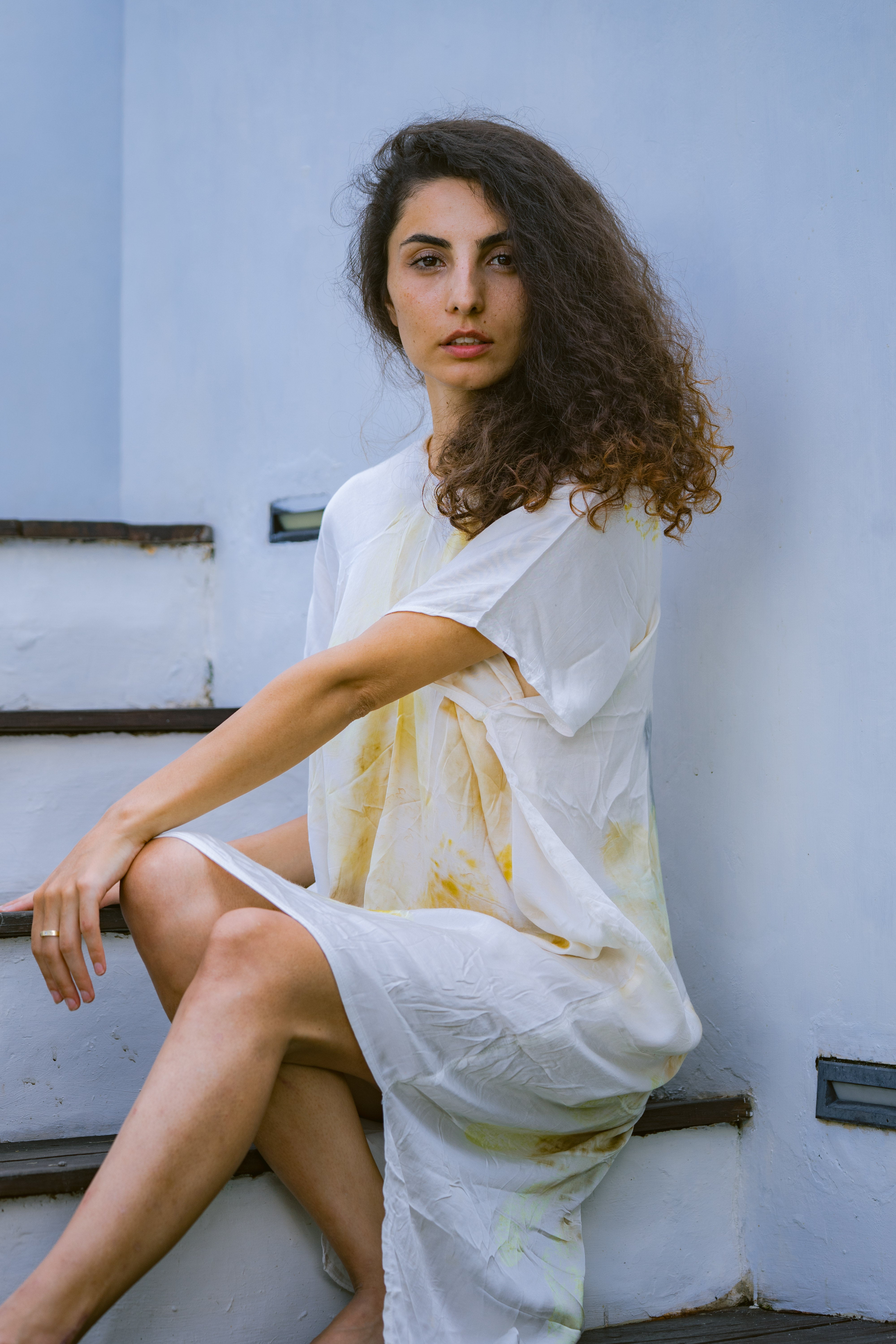 The Parvati – White, Yellow, Blue & Brown Cotton Silk Eco Print Dress