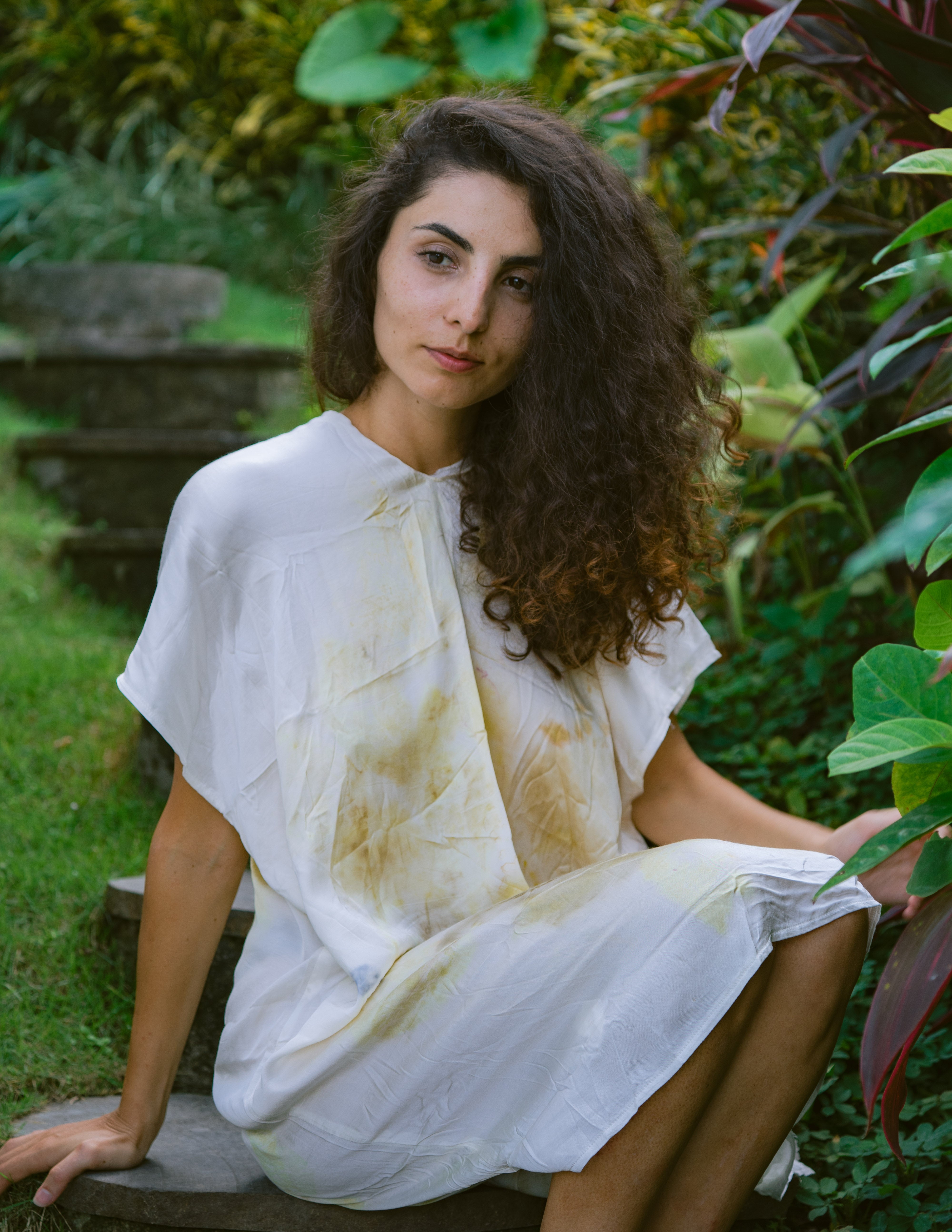 The Parvati – White, Yellow, Blue & Brown Cotton Silk Eco Print Dress