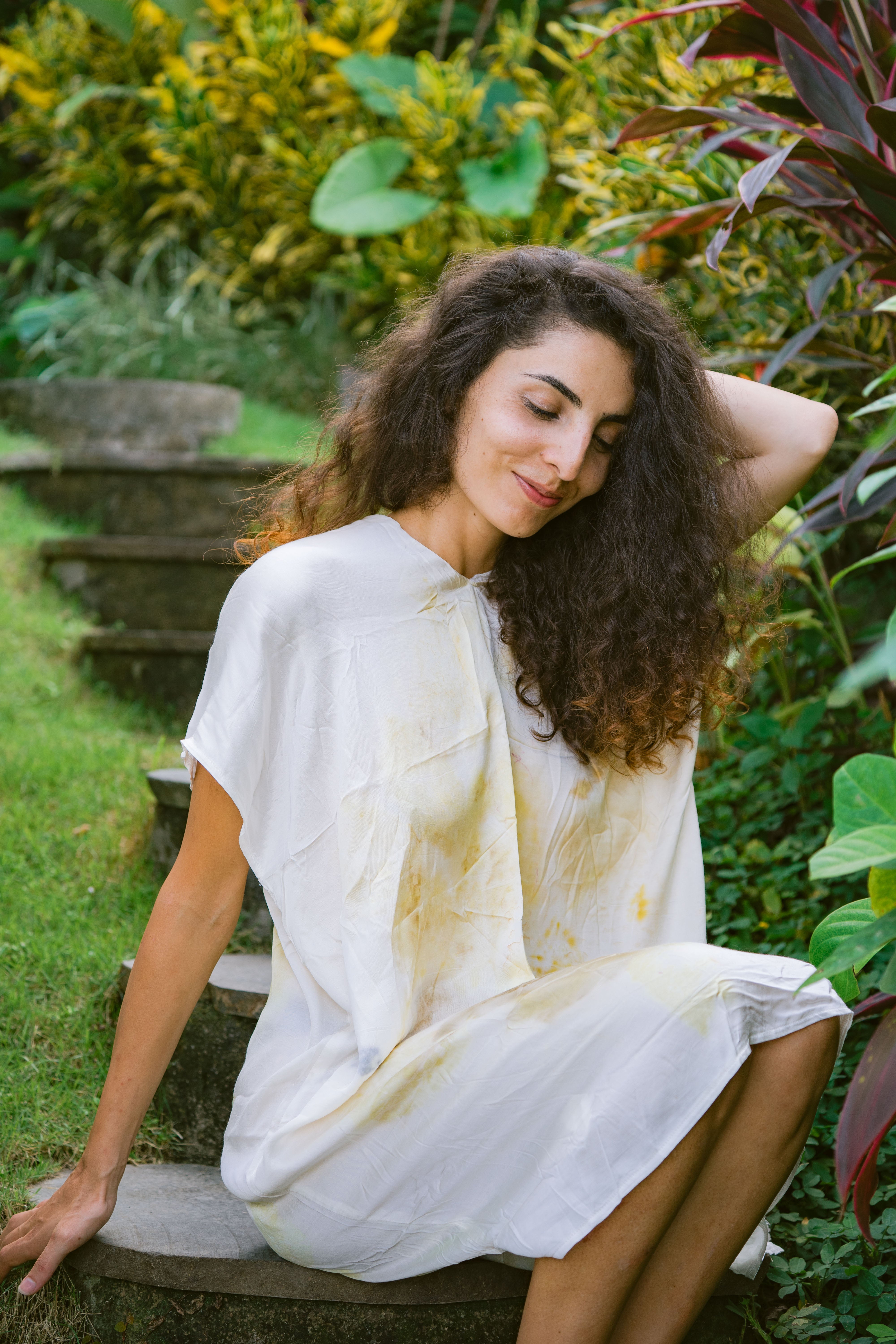 The Parvati – White, Yellow, Blue & Brown Cotton Silk Eco Print Dress