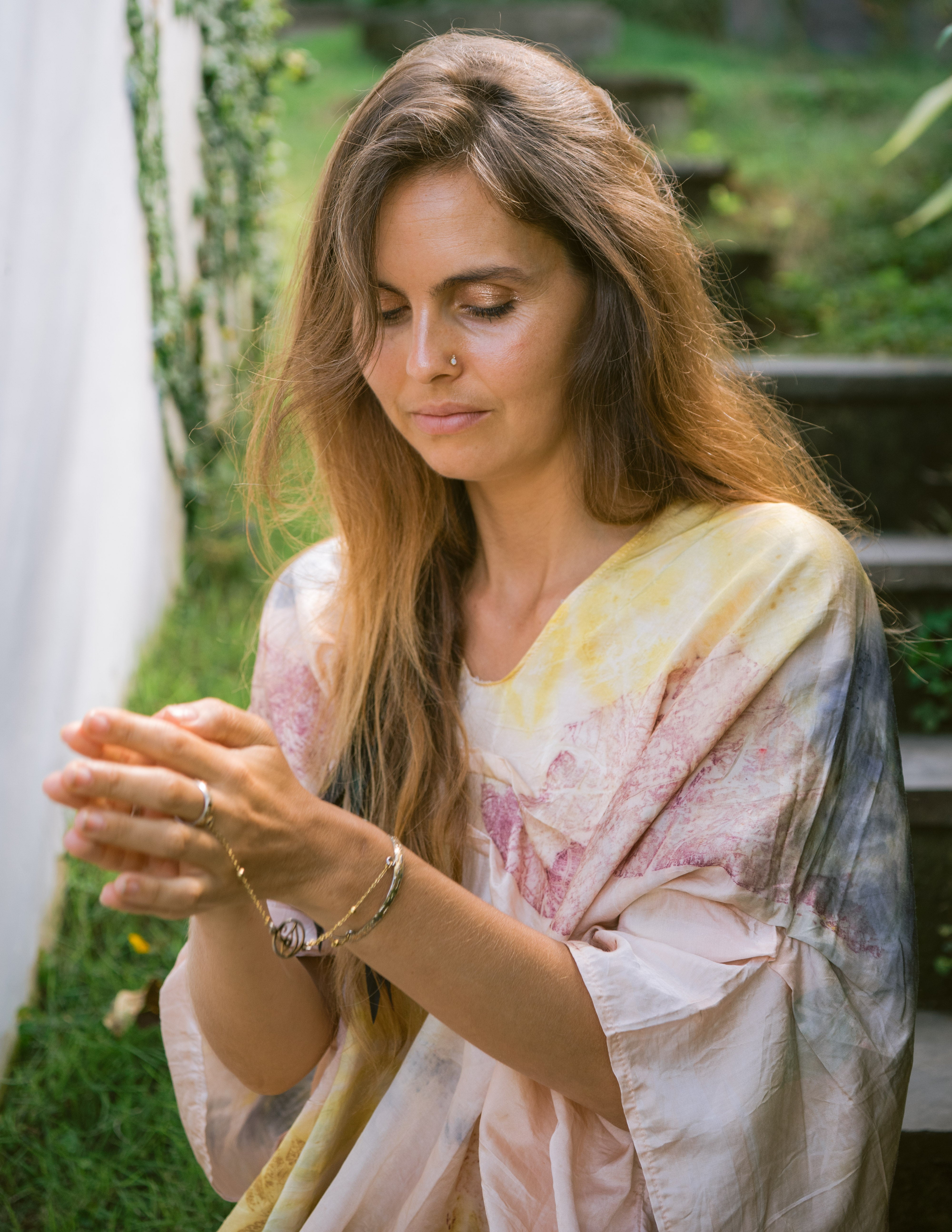 The Parvati – Blue, Pink, Purple & Yellow Cotton Silk Eco Print Dress