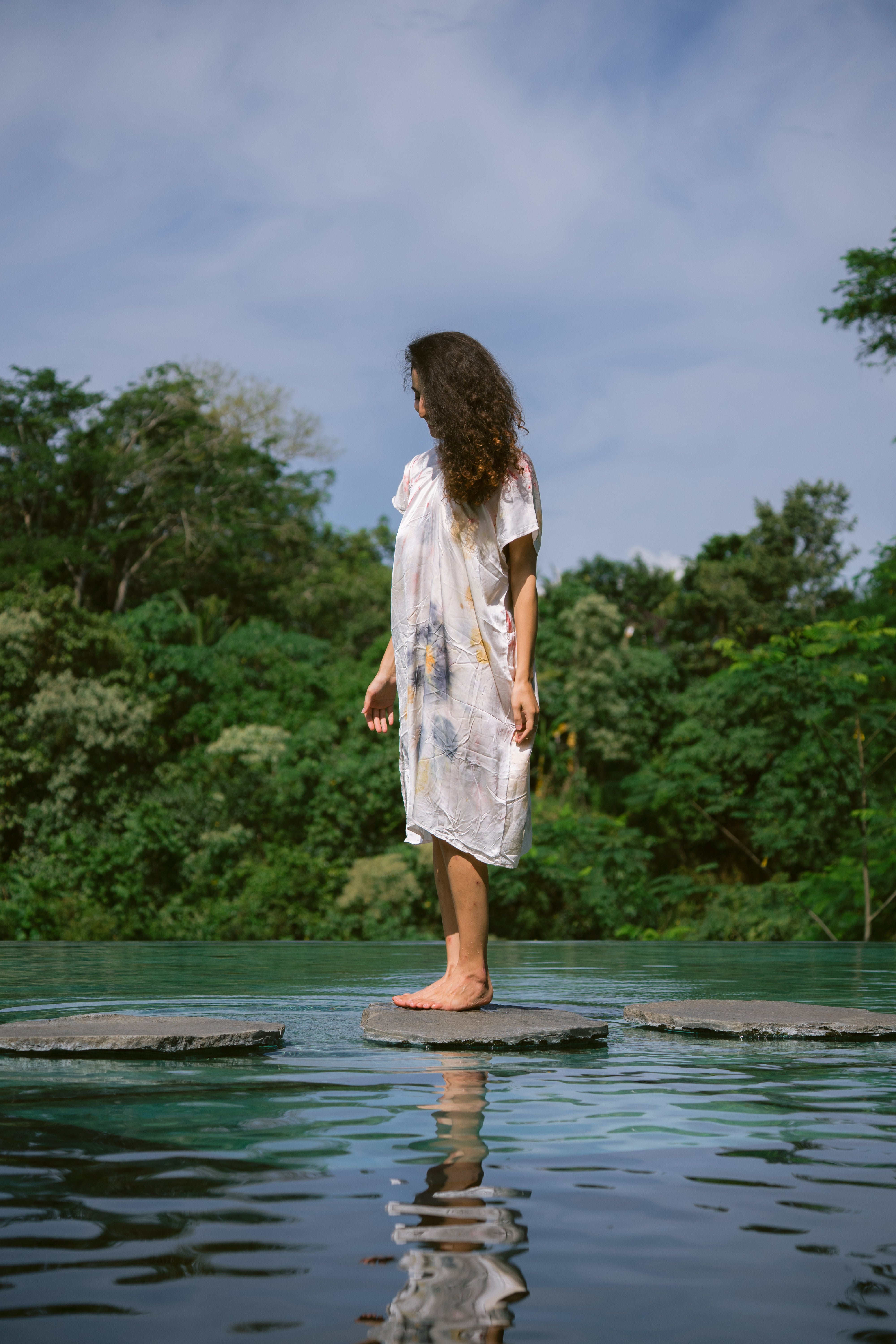 The Parvati – White, Red, Yellow & Blue Cotton Silk Eco Print Dress