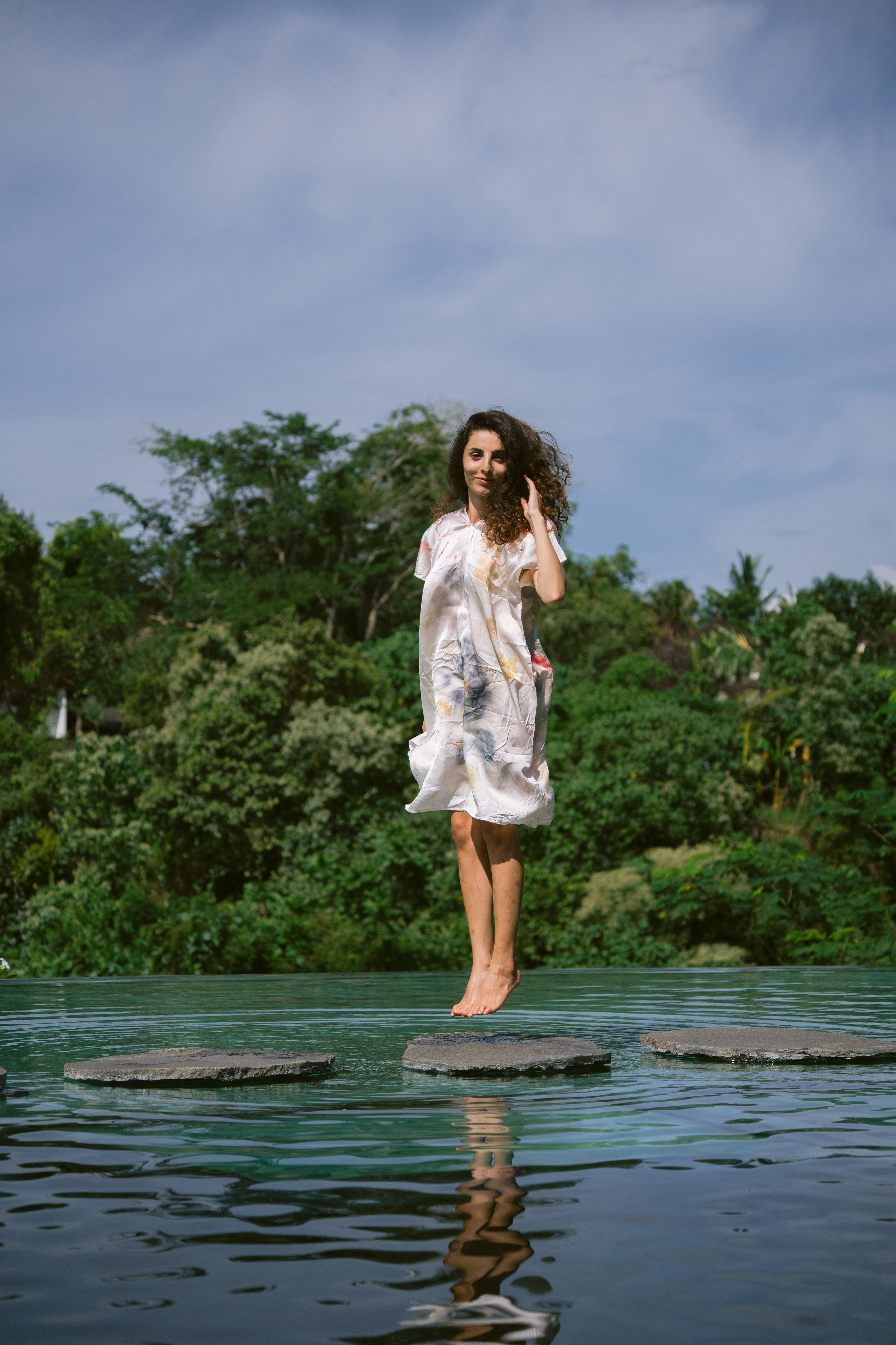 The Parvati – White, Red, Yellow & Blue Cotton Silk Eco Print Dress