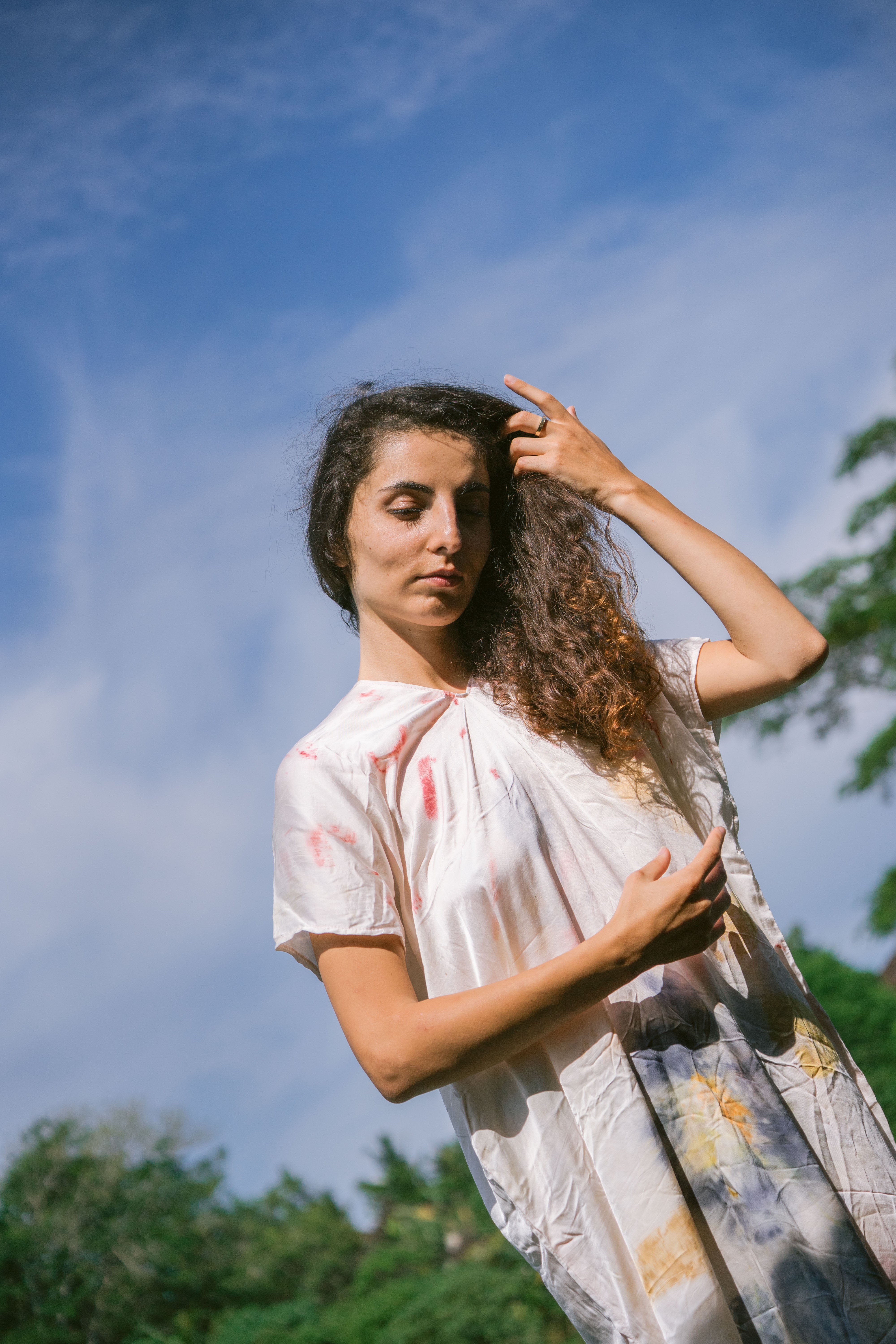 The Parvati – White, Red, Yellow & Blue Cotton Silk Eco Print Dress