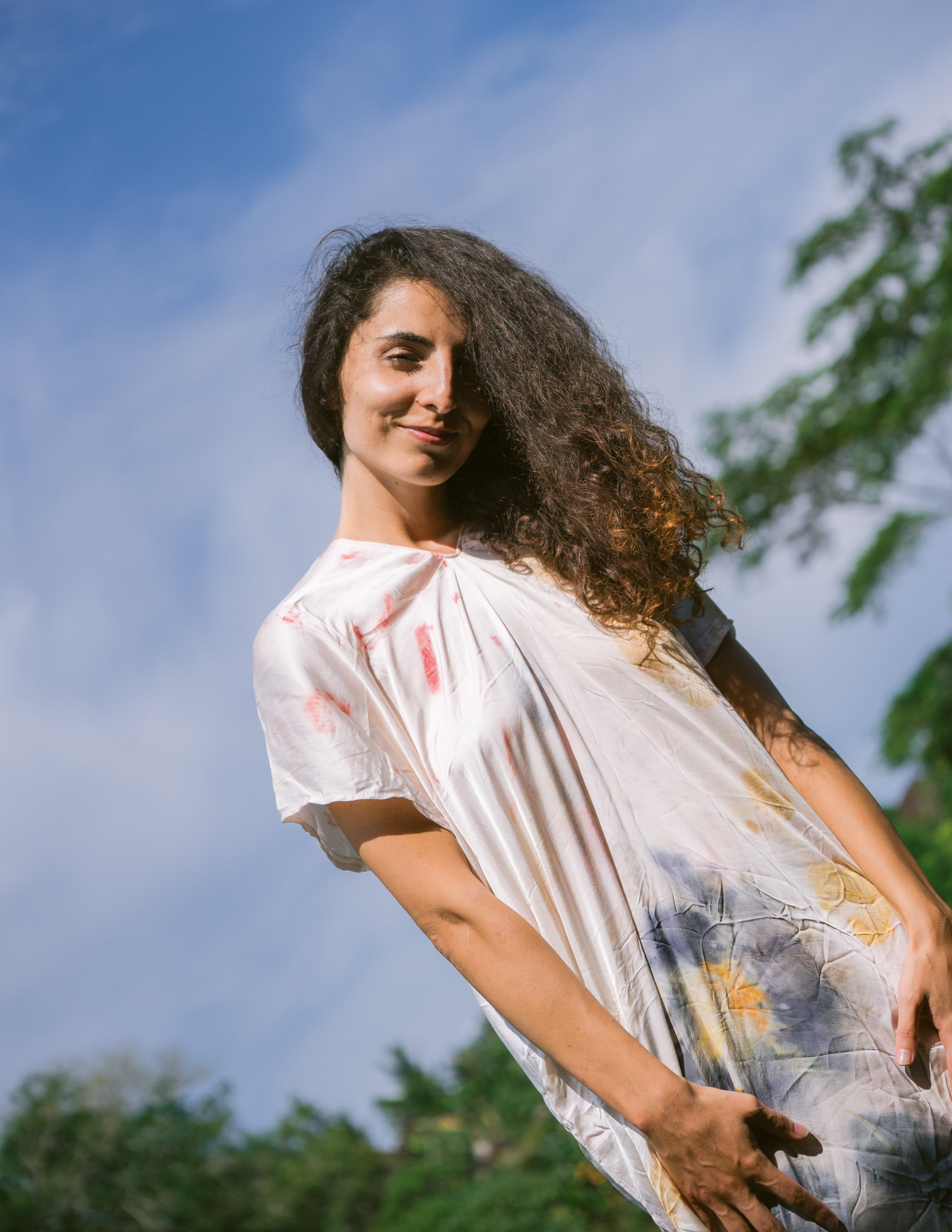 The Parvati – White, Red, Yellow & Blue Cotton Silk Eco Print Dress