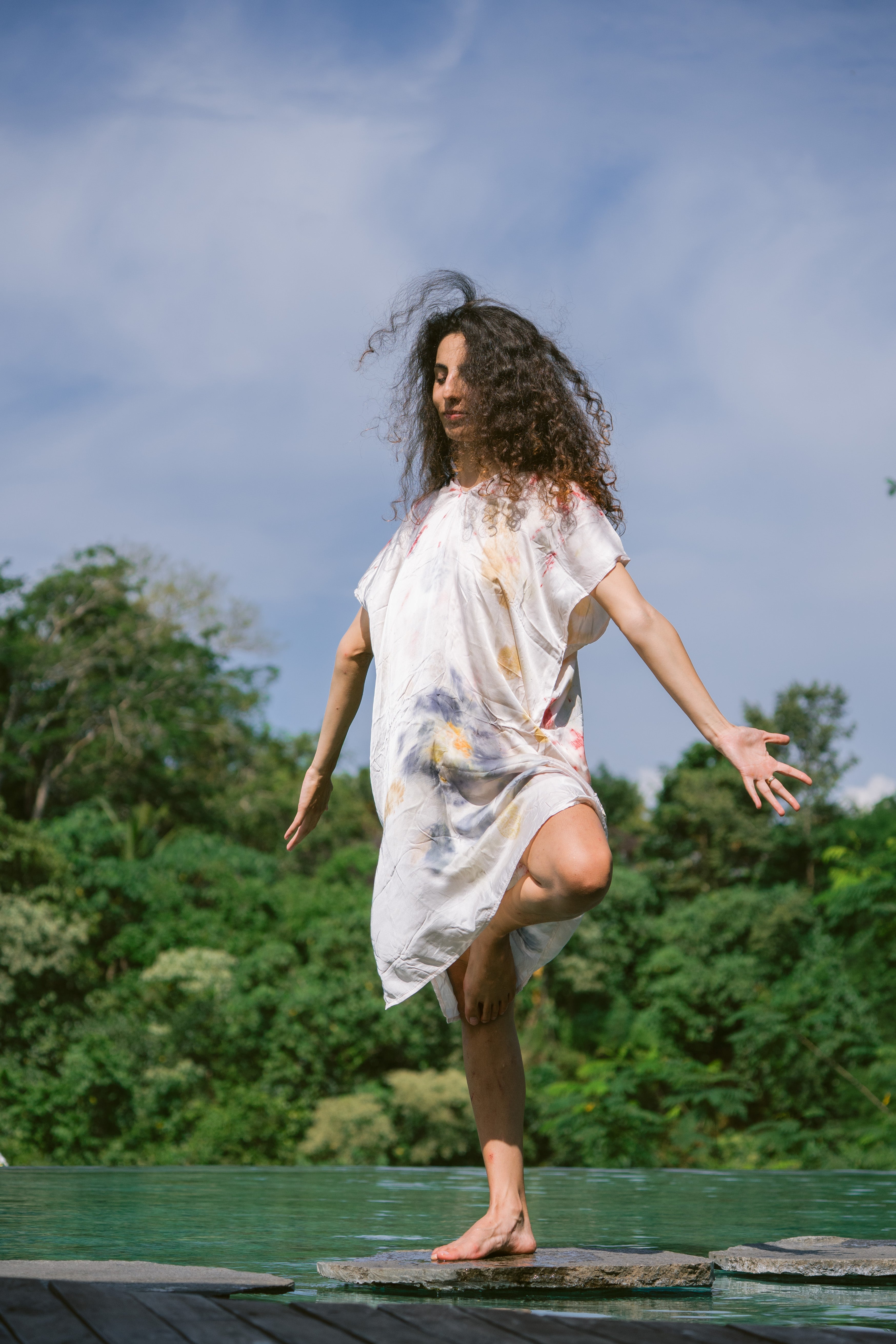 The Parvati – White, Red, Yellow & Blue Cotton Silk Eco Print Dress