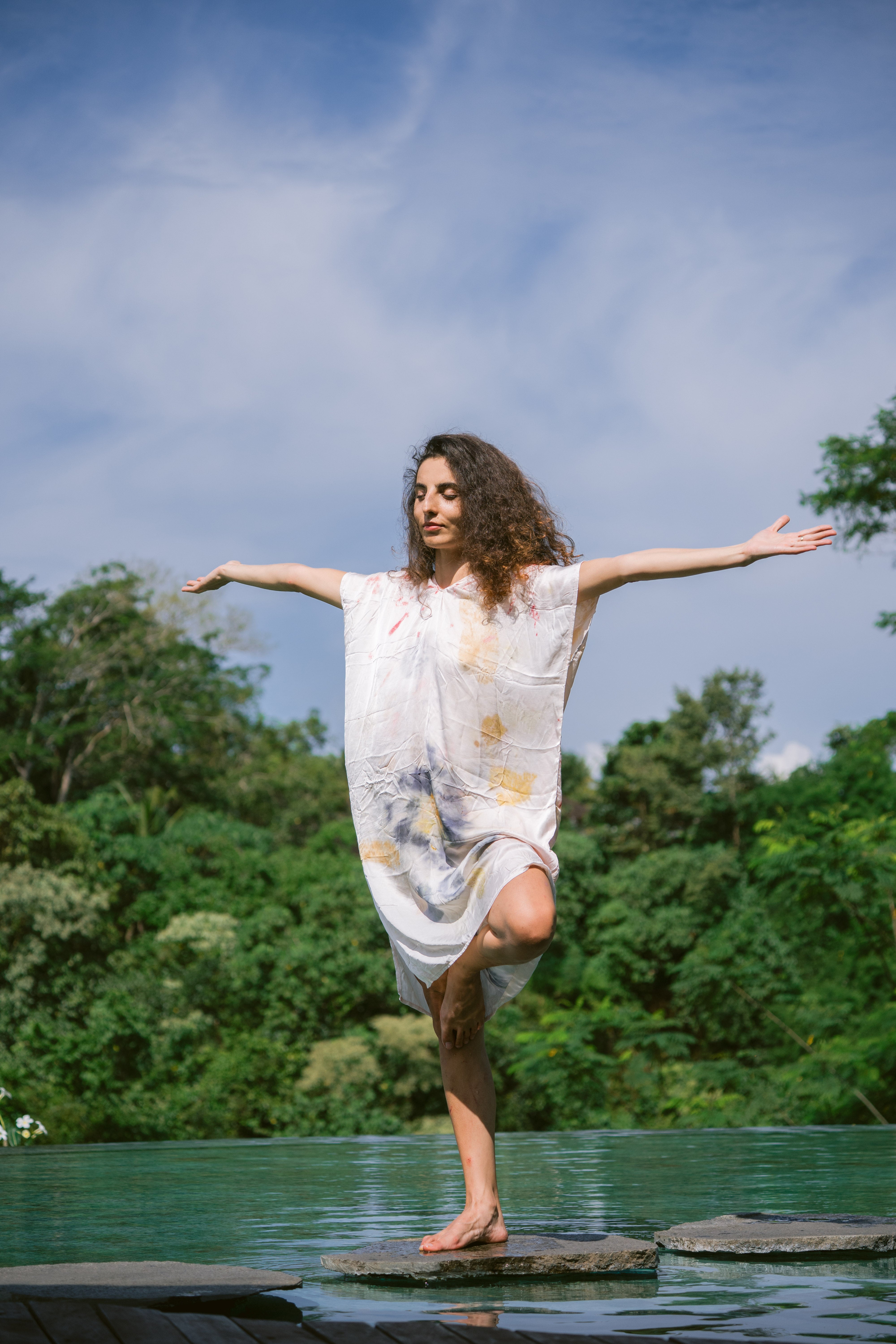 The Parvati – White, Red, Yellow & Blue Cotton Silk Eco Print Dress