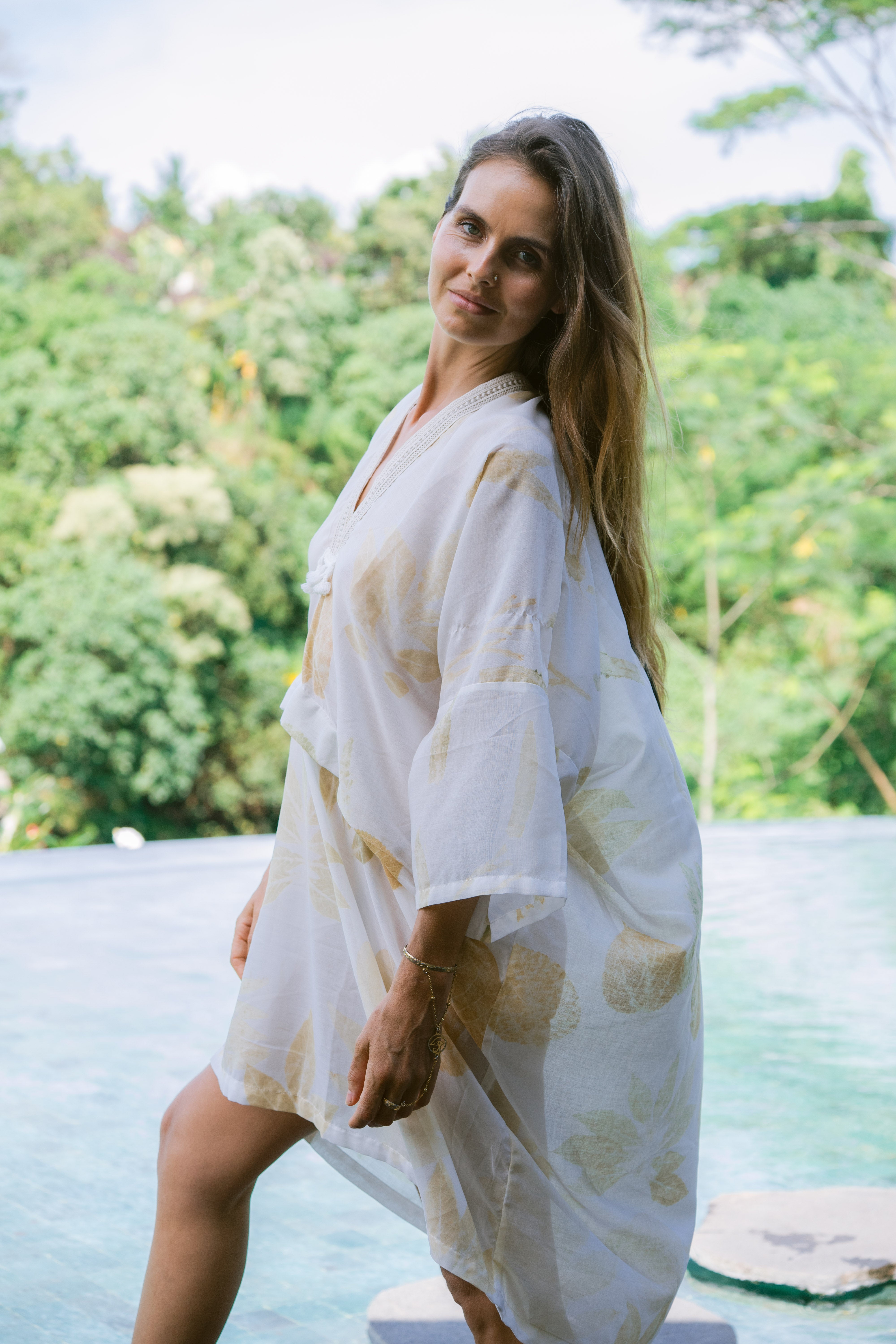 The Parvati – White & Brown Cotton Silk Eco Print Dress