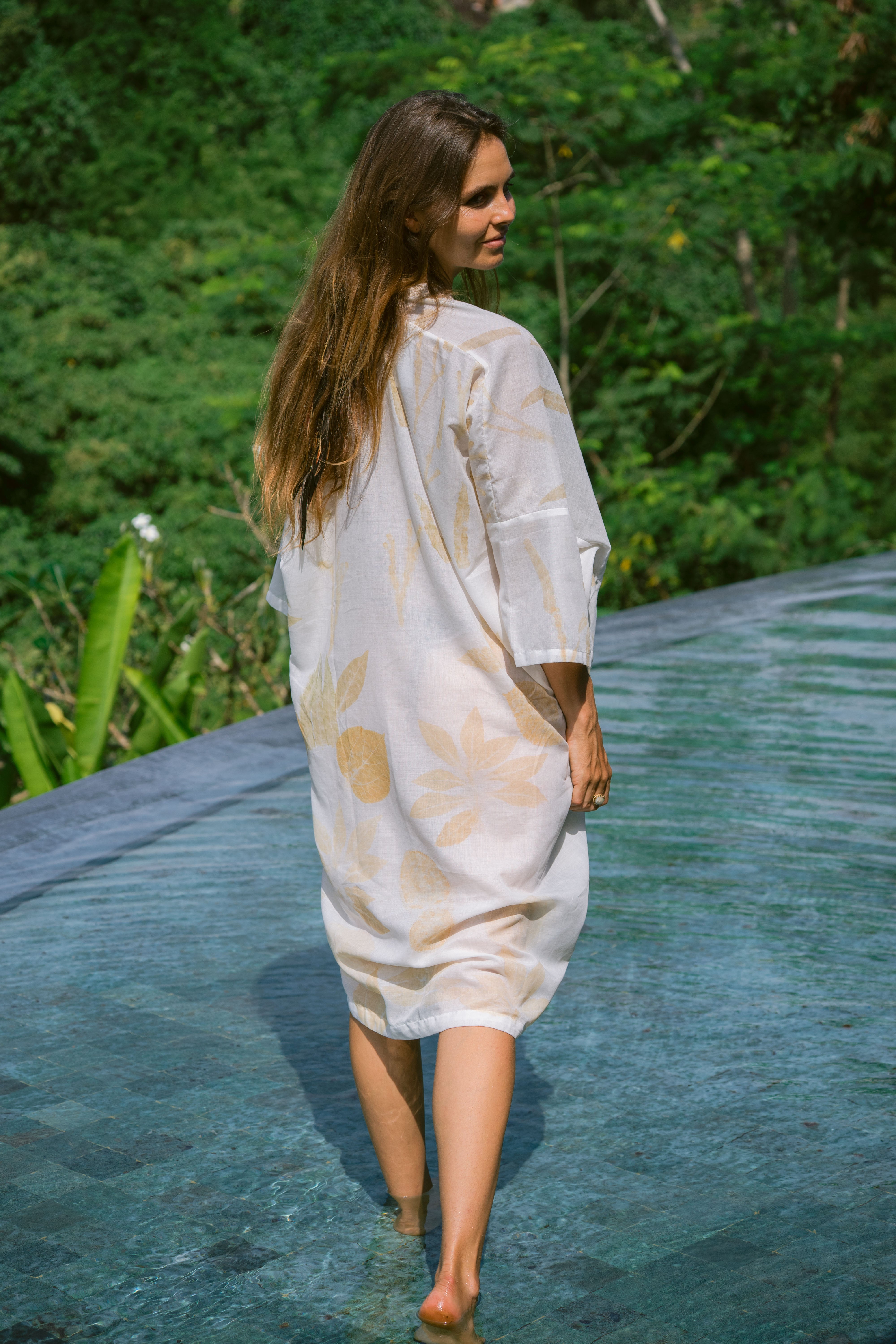 The Parvati – White & Brown Cotton Silk Eco Print Dress