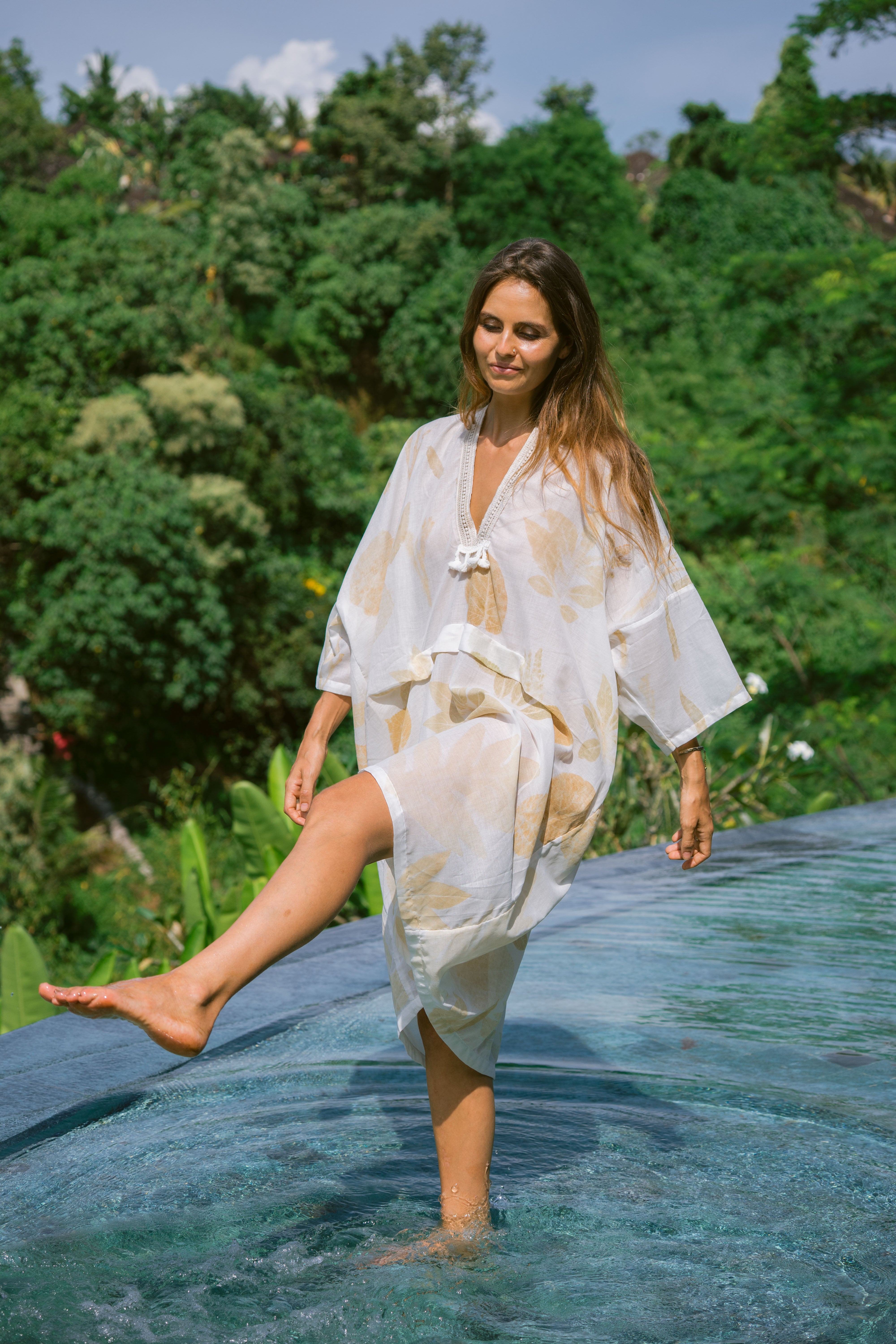 The Parvati – White & Brown Cotton Silk Eco Print Dress