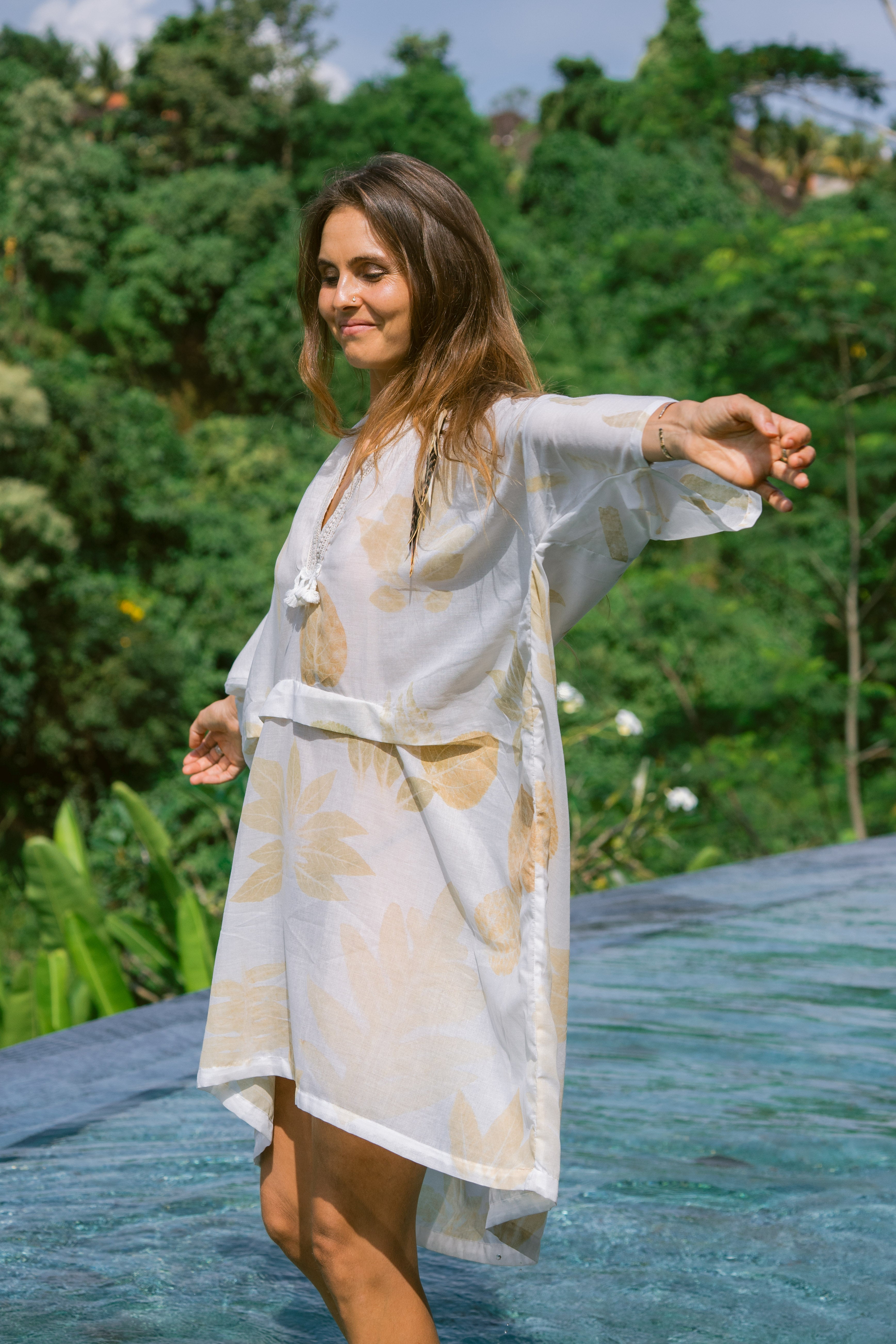 The Parvati – White & Brown Cotton Silk Eco Print Dress
